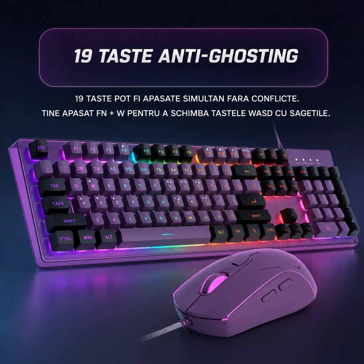 Timebox kit gaming tastatura mouse RGB mov full-size 8 culori