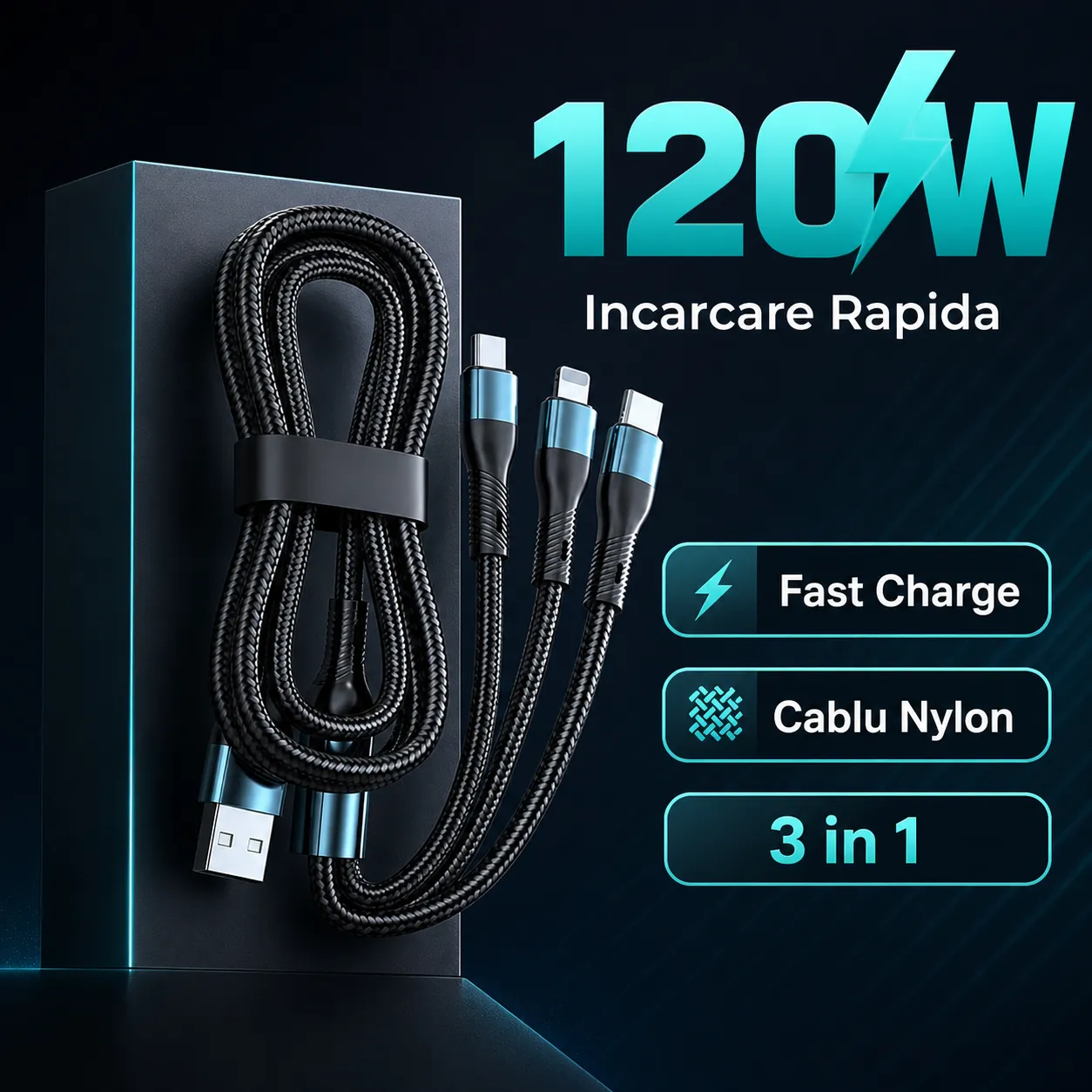 Timebox Cablu Incarcare 3 in 1 120W Nailon Albastru