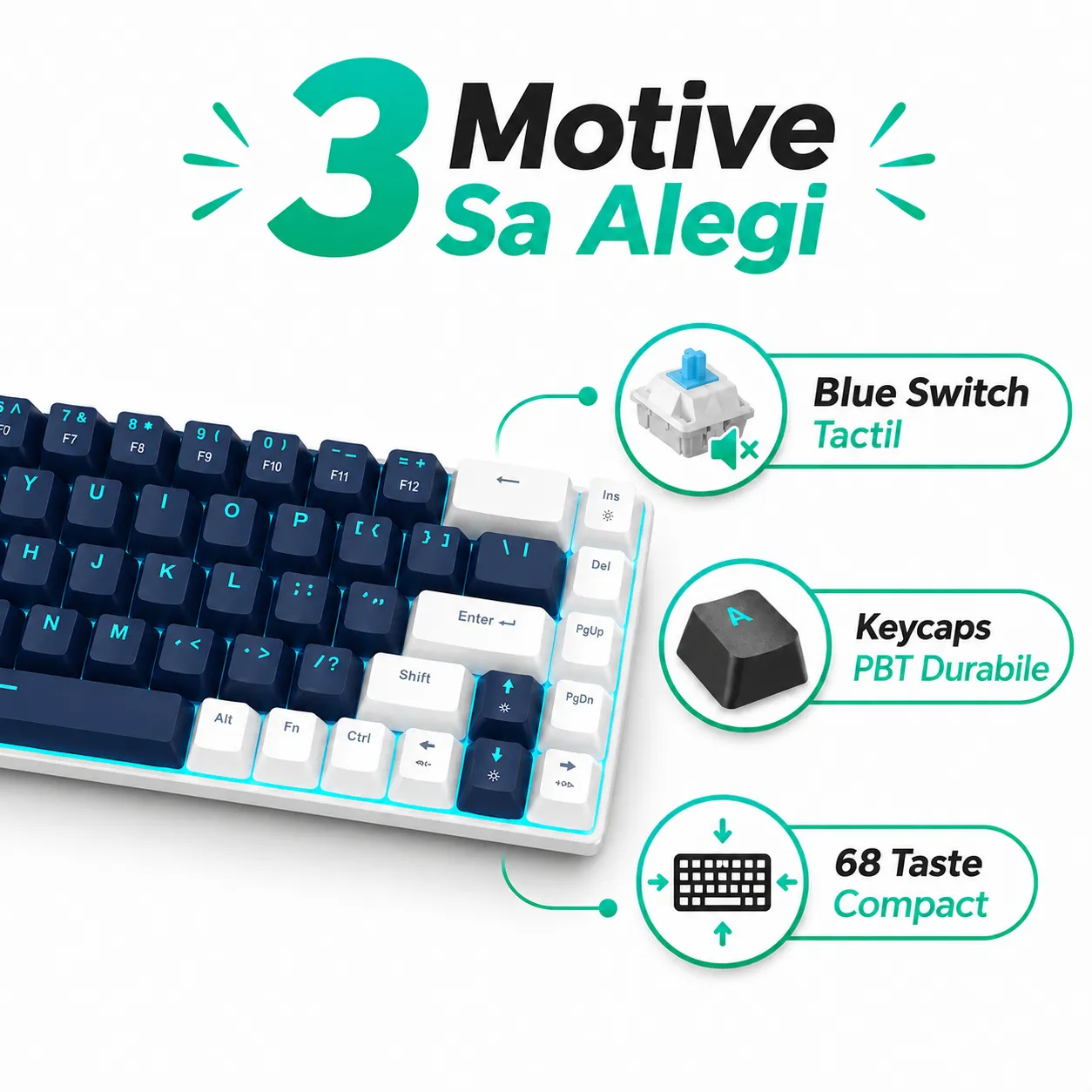 Timebox tastatură mecanică gaming 60% blue switch albastră