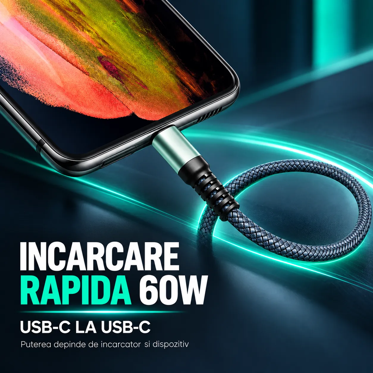 Timebox Cablu USB-C la Type-C 60W 3m Negru 90° Nylon