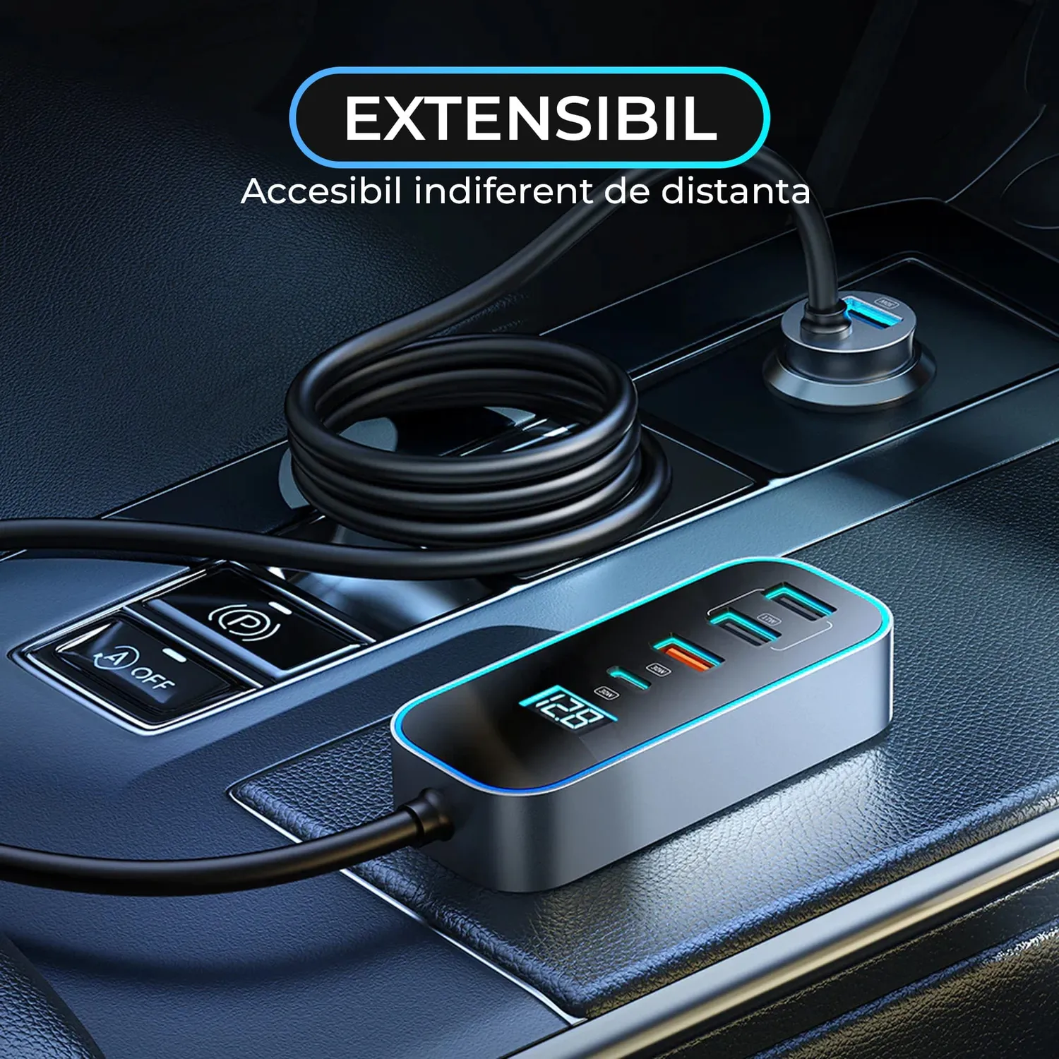 Timebox 107W incarcator auto negru 5 in 1 USB Type-C RGB