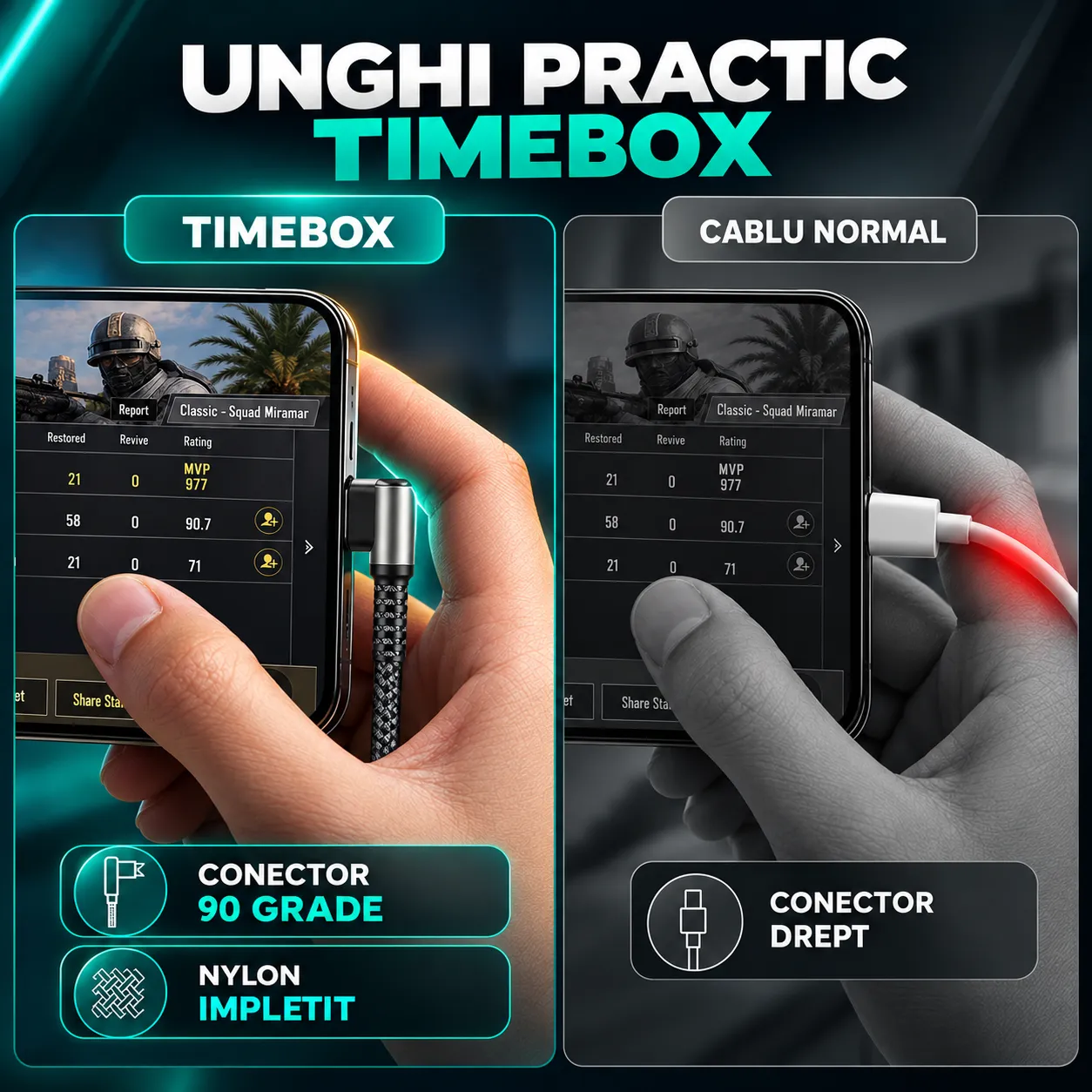 Timebox Cablu USB-C la Type-C 60W 3m Negru 90° Nylon