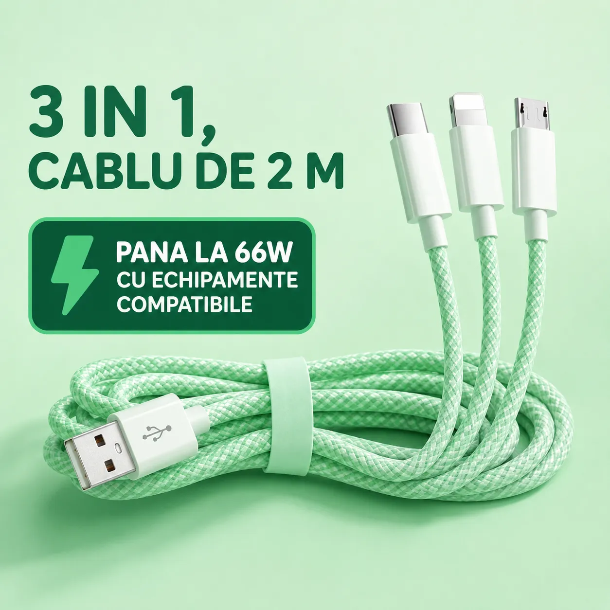 Timebox 3 in 1 cablu incarcare rapida 66W 2m verde QC3.0
