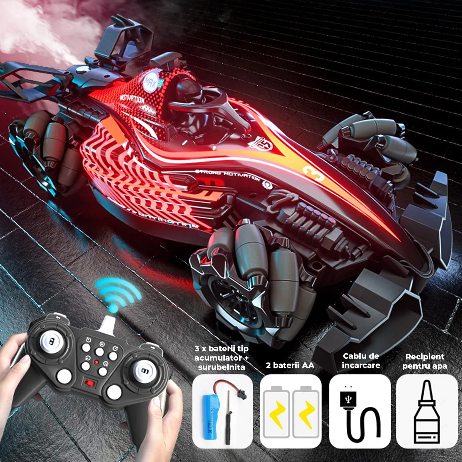 Timebox F1 Drift mașină RC neagră cu spray și gesturi 360°