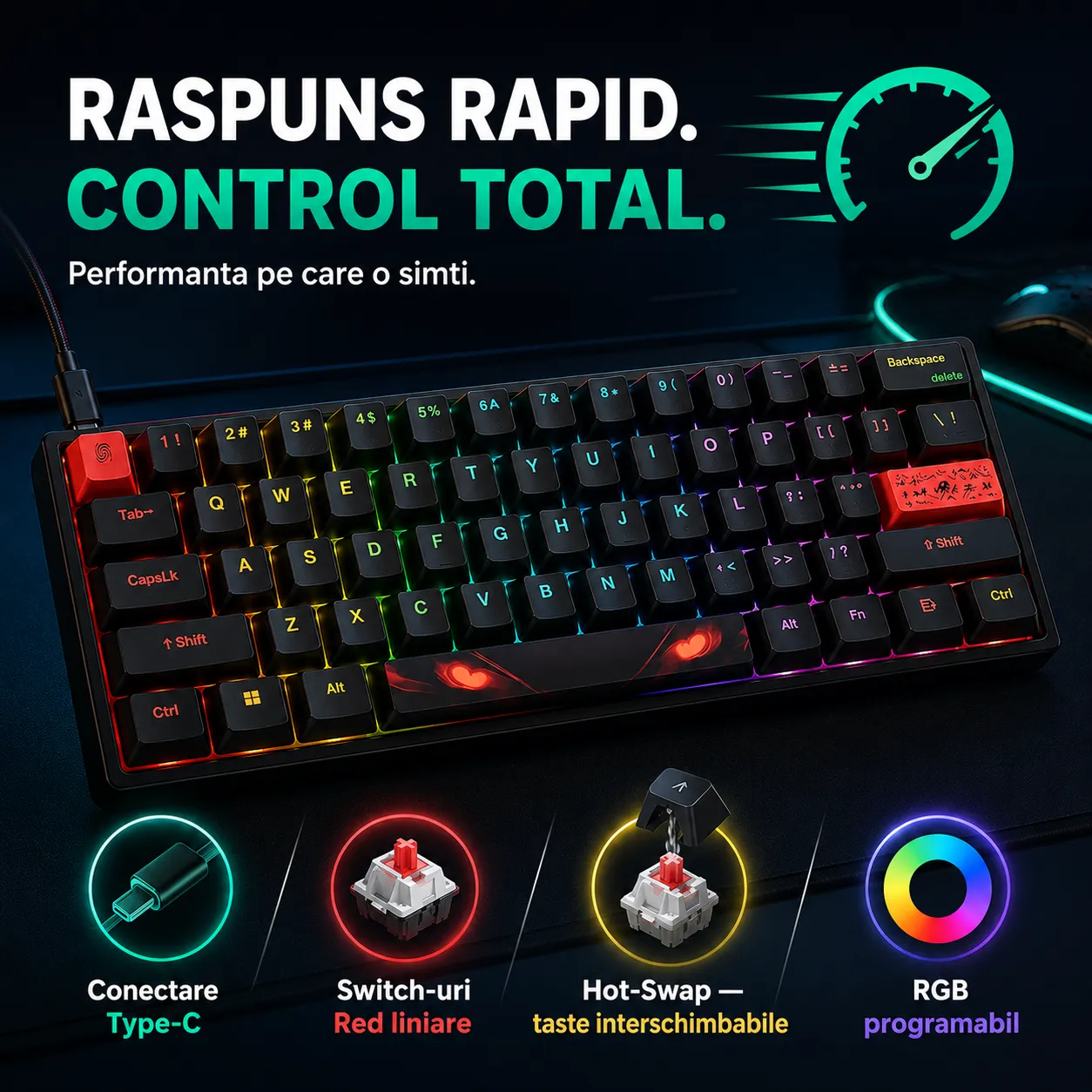 Timebox Tastatura Gaming Mecanica 60% Hot-Swap RGB Neagra