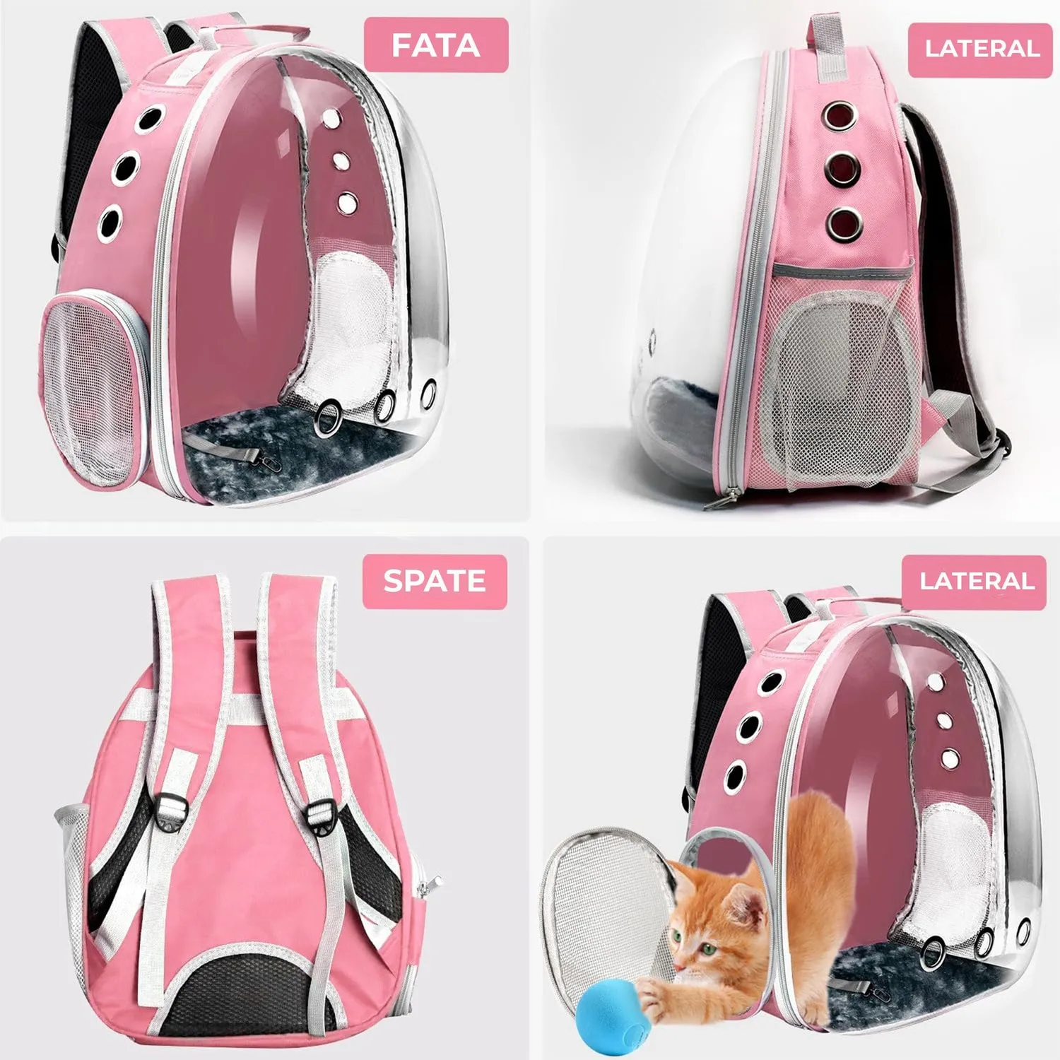 Rucsac pisici Timebox transparent roz ventilatie