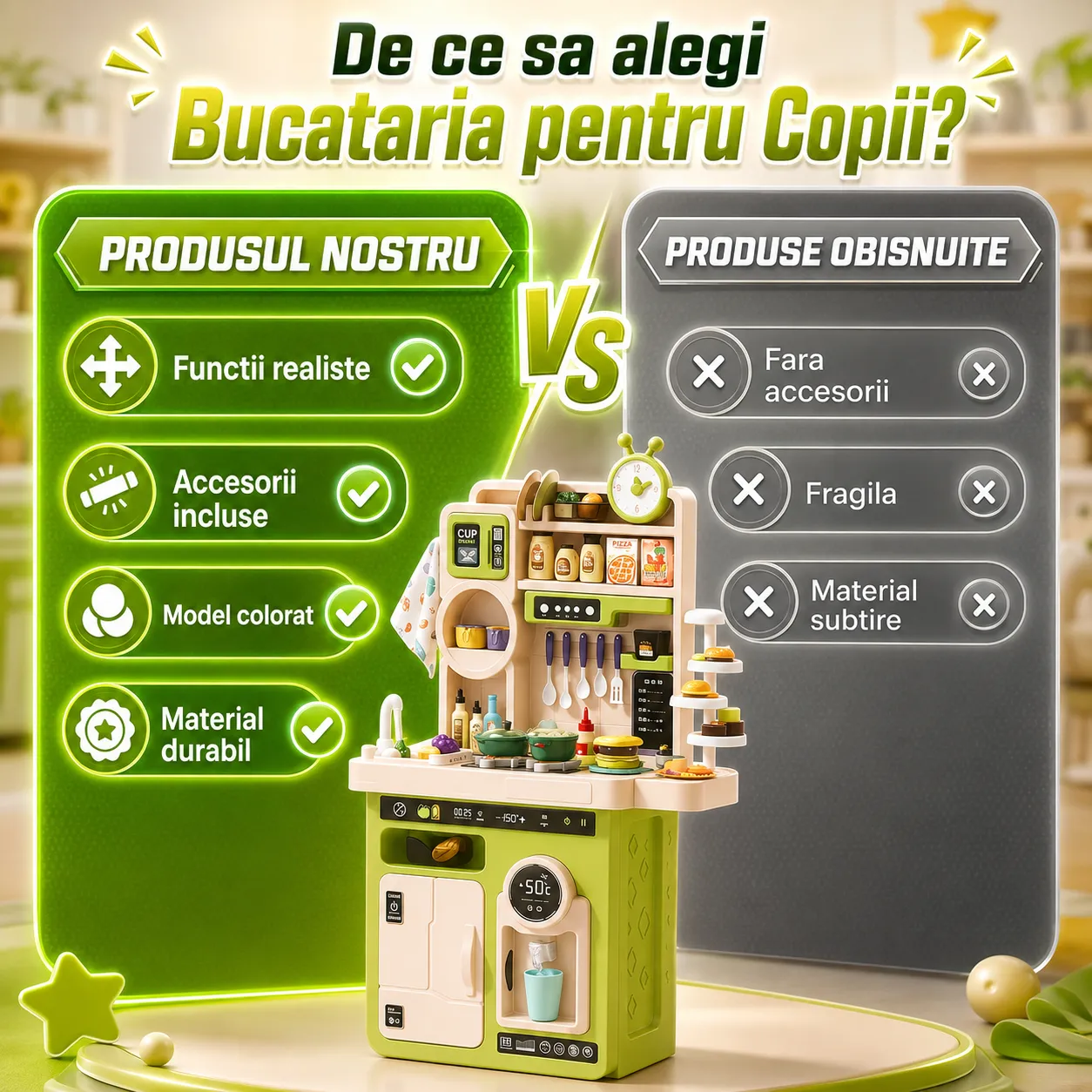 Timebox bucatarie copii 95 cm verde abur real 80+ piese
