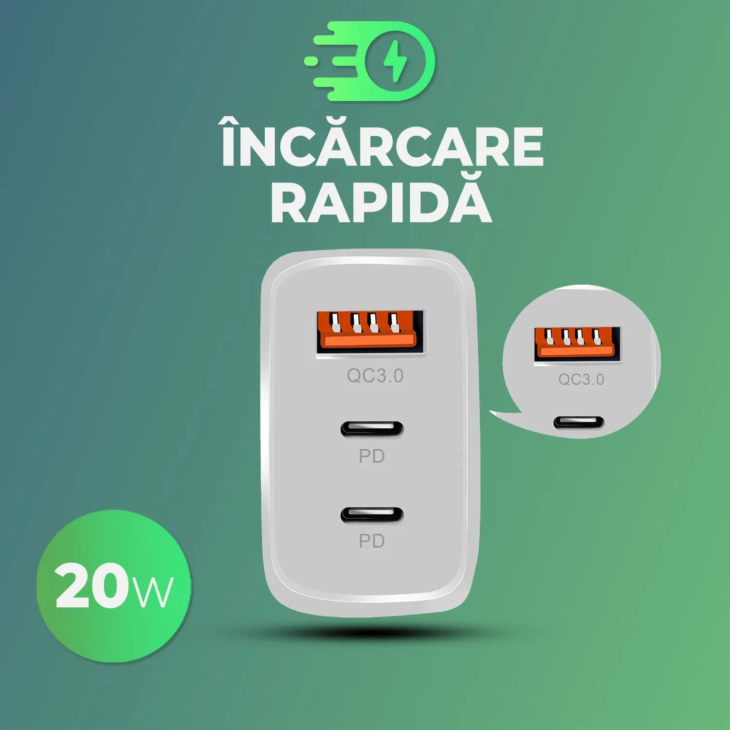 Timebox incarcator retea 20W 3 porturi negru LED Type-C USB
