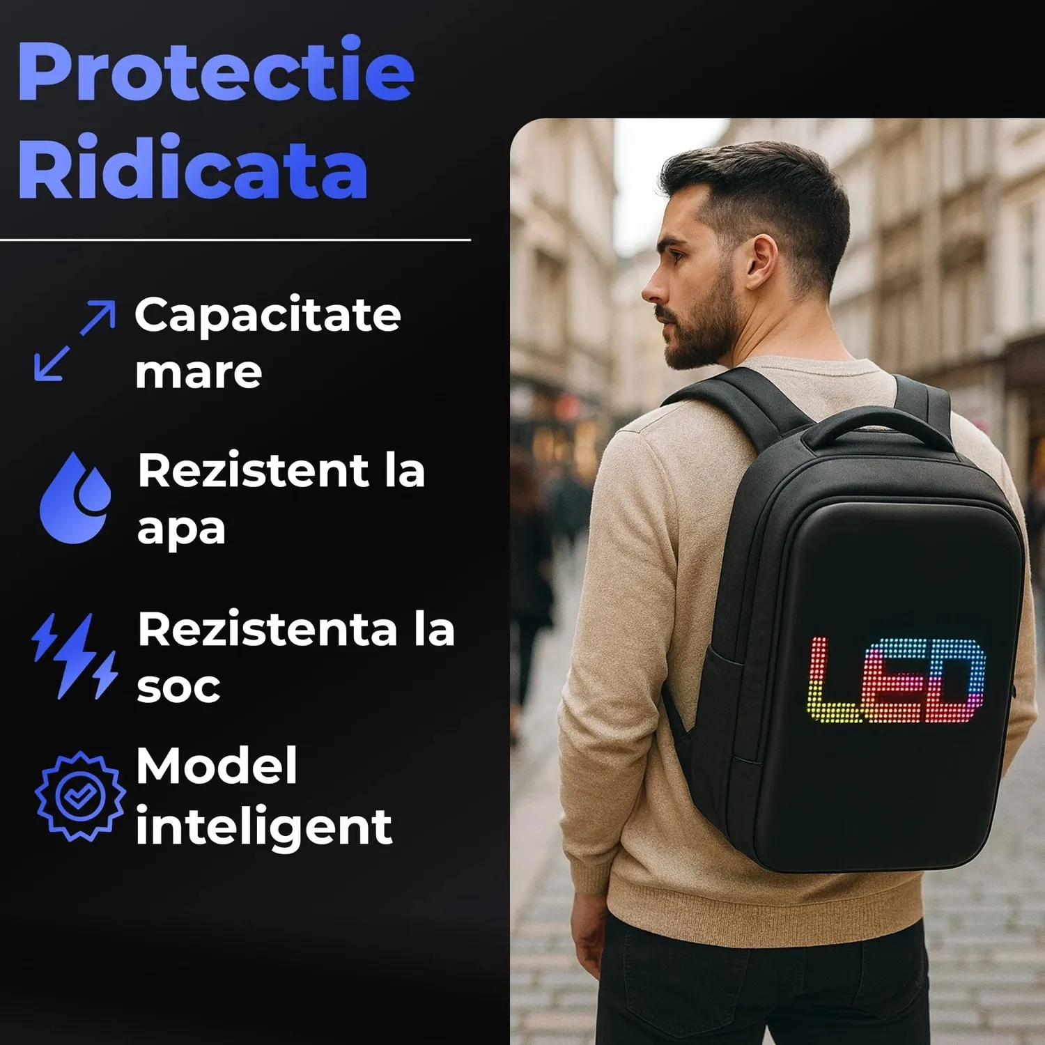 Timebox ghiozdan smart LED WiFi waterproof negru