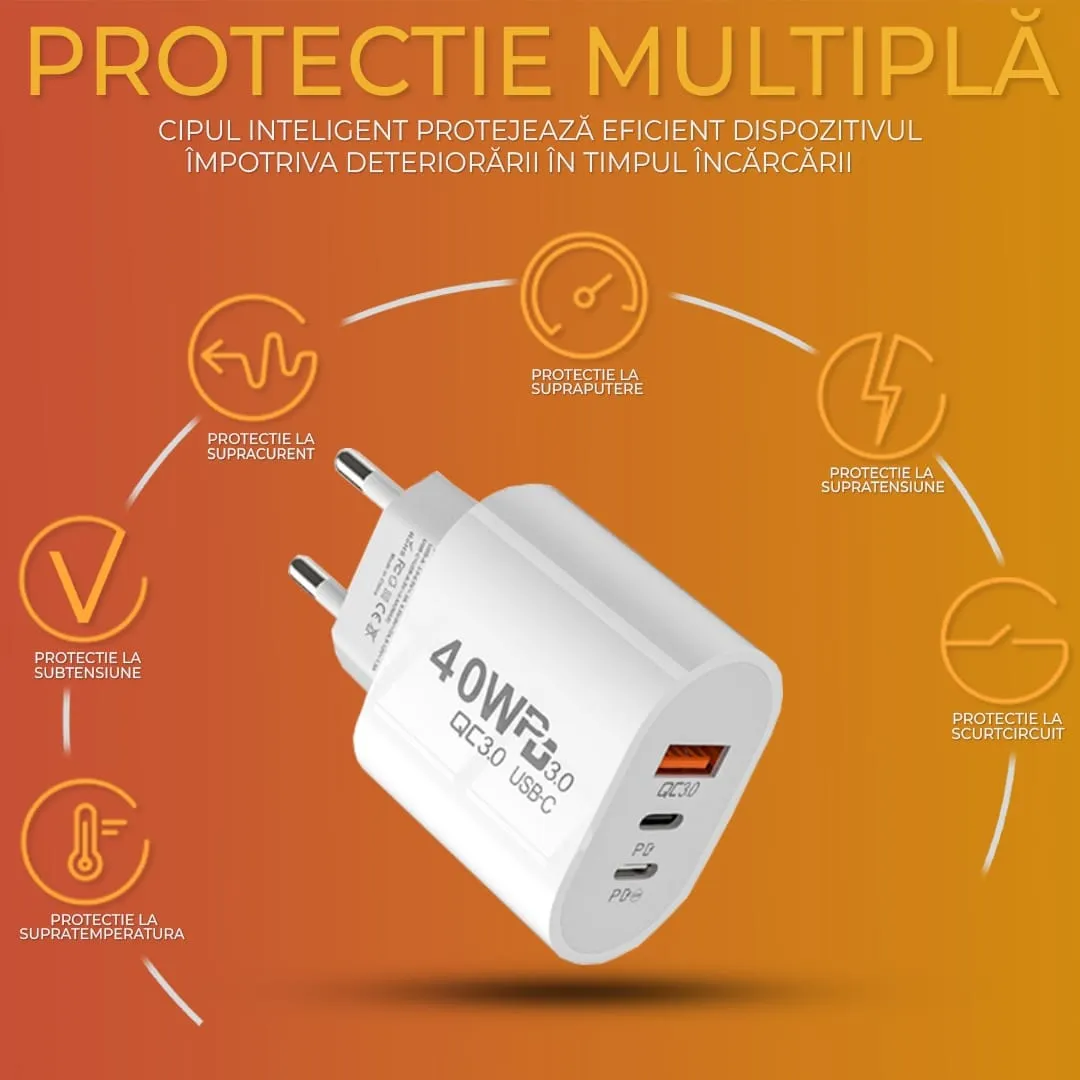 Timebox 40W incarcator retea Alb 3 porturi fast charge