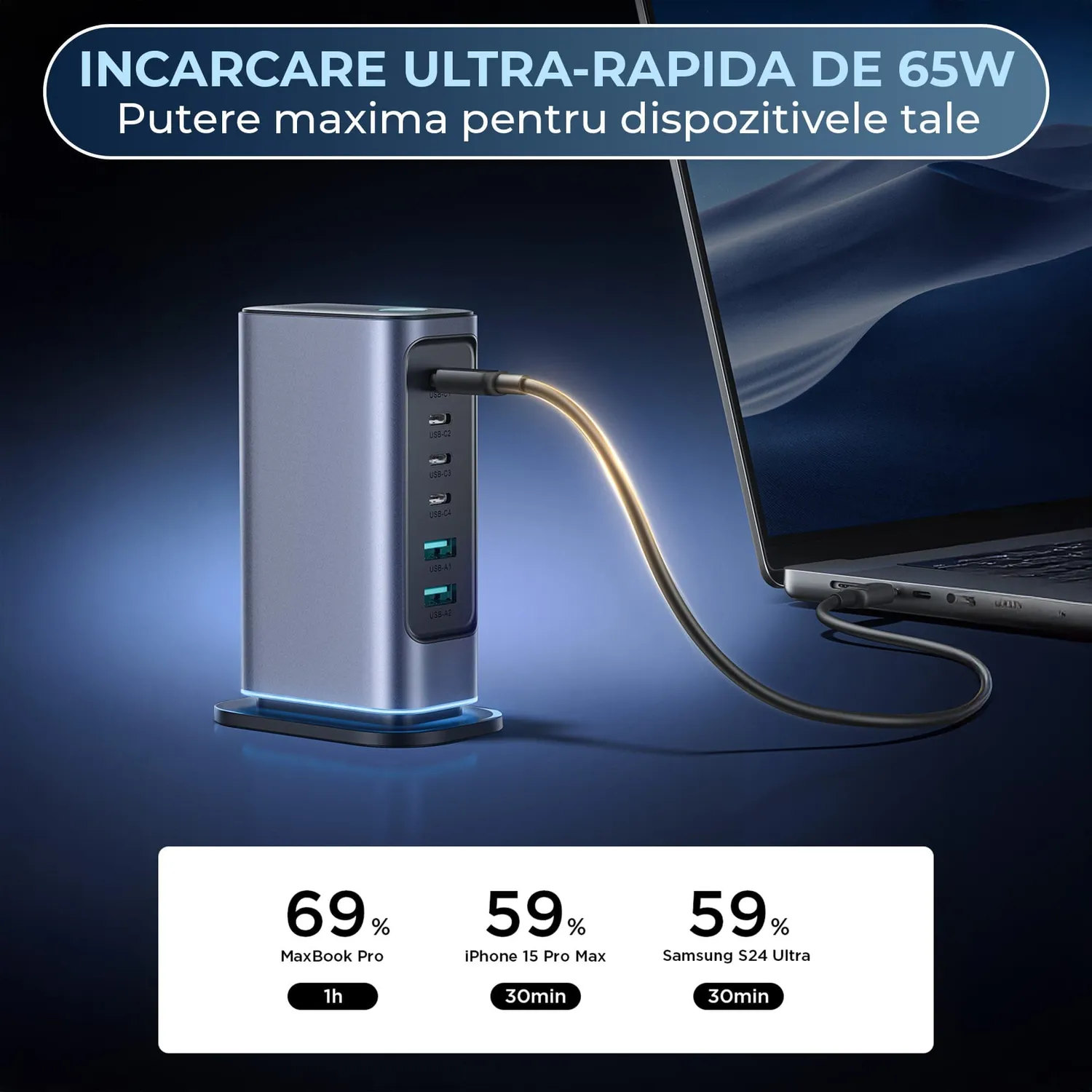 Timebox 65W incarcator retea 6 porturi negru