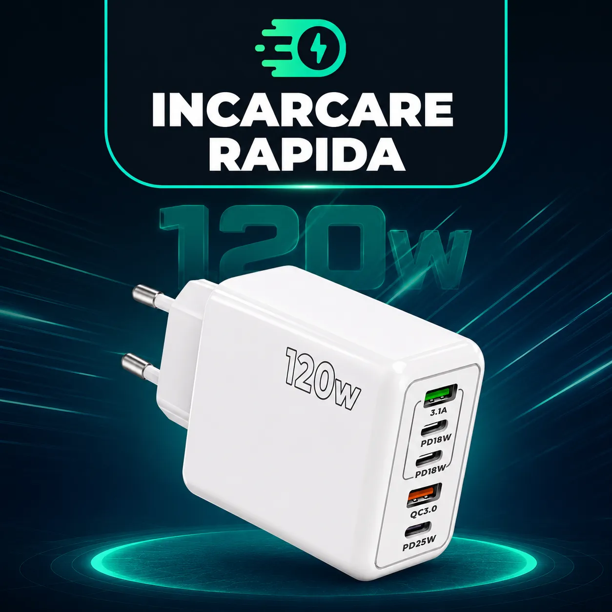 Incarcator retea Timebox 120W 5 porturi alb Quick Charge