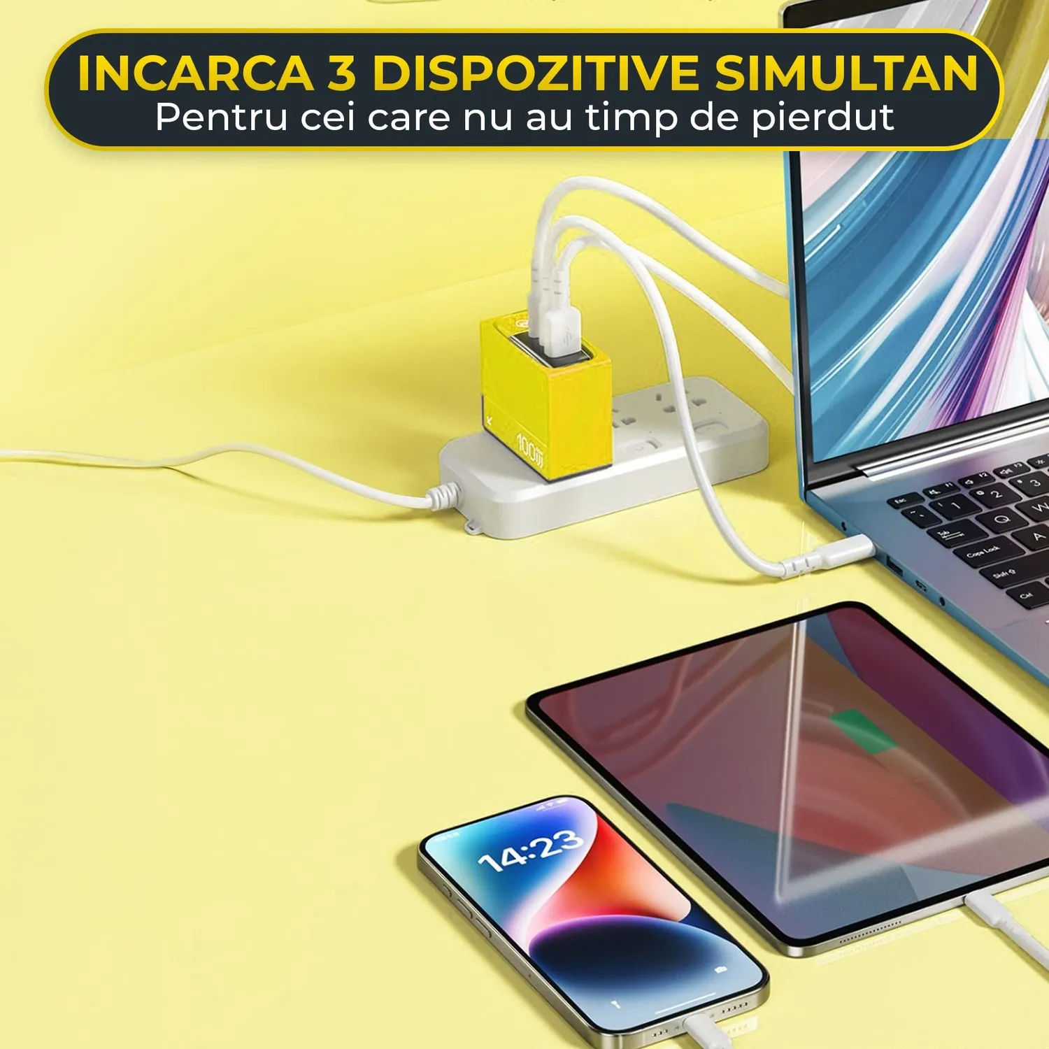 Timebox 100W încărcător rețea Galben 3 porturi LED