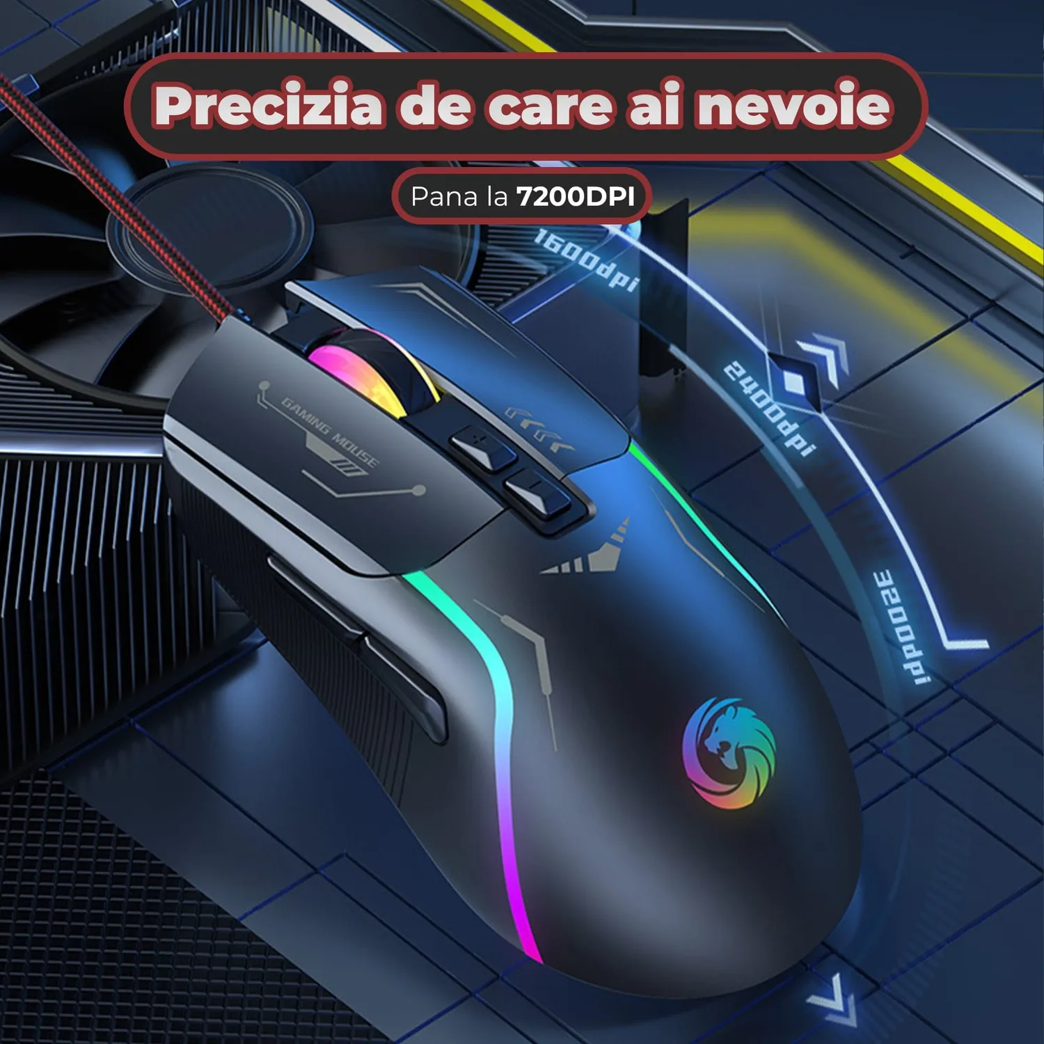 Timebox 7200 DPI mouse gaming negru RGB fast charge