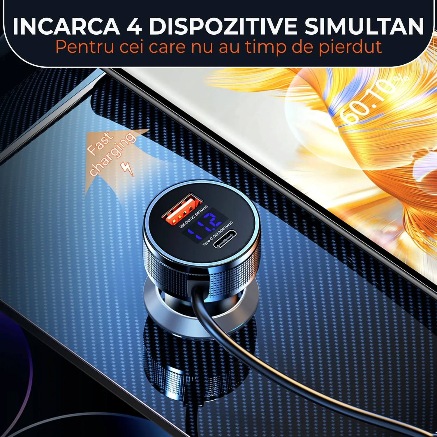 Timebox 52.5W incarcator auto USB QC3 Type-C negru