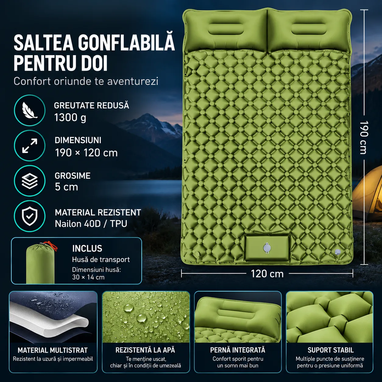 Saltea gonflabilă camping Timebox verde 190x120 cu pompă