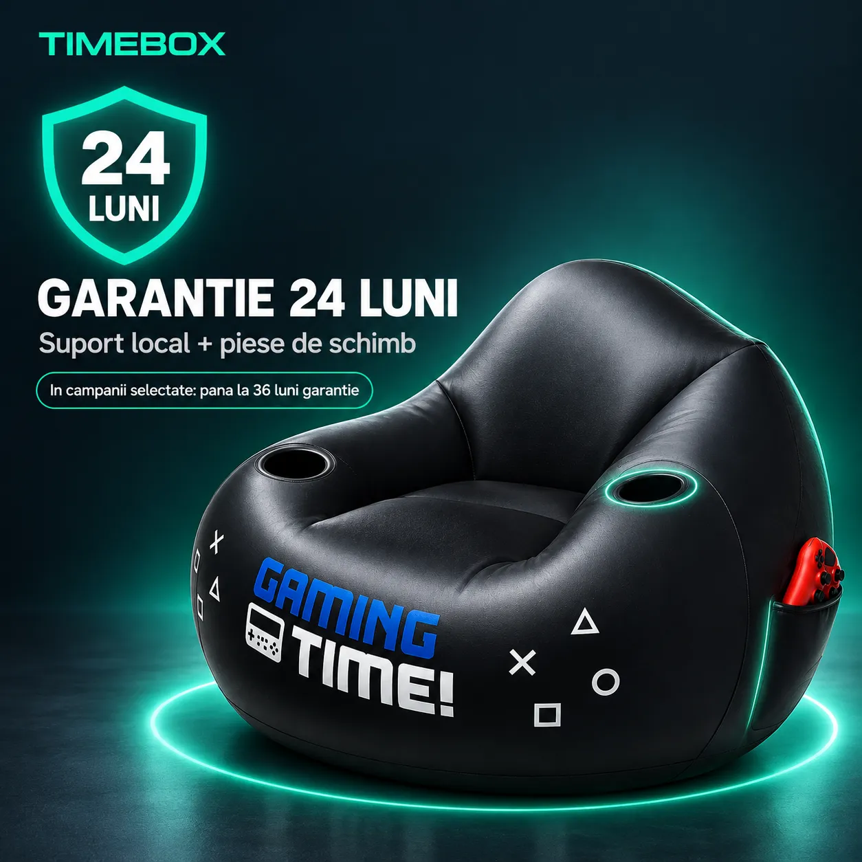 Fotoliu gonflabil gaming Timebox negru cu suport pahar