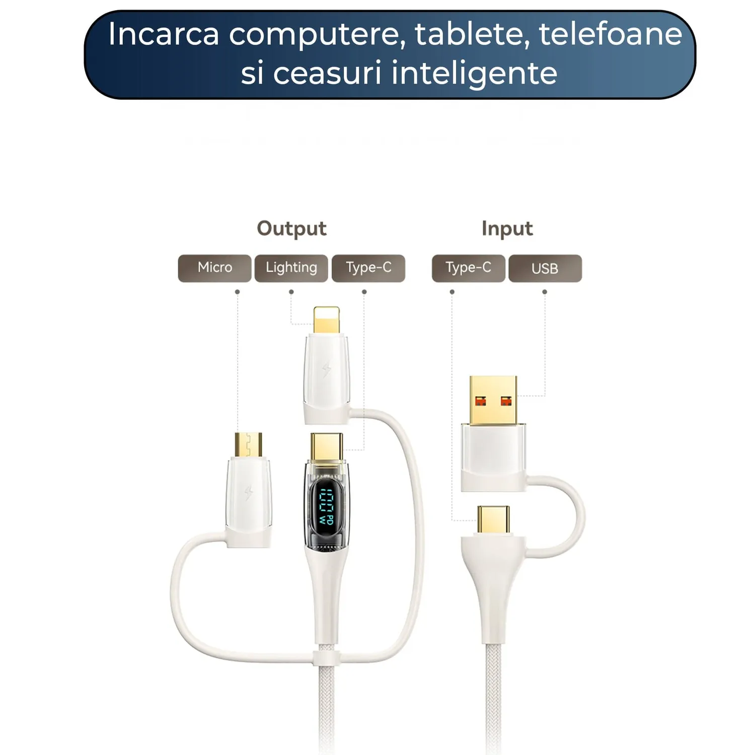 Cablu 5 în 1 Timebox 100W 1,2m bej USB-C