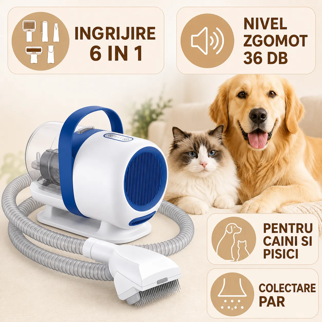 Timebox Aspirator Ingrijire Animale 6 in 1 Alb