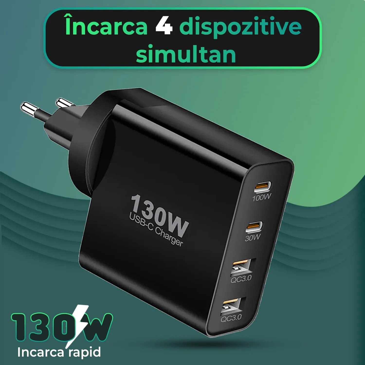 Incarcator retea Timebox 130W 4 porturi 2xType-C negru
