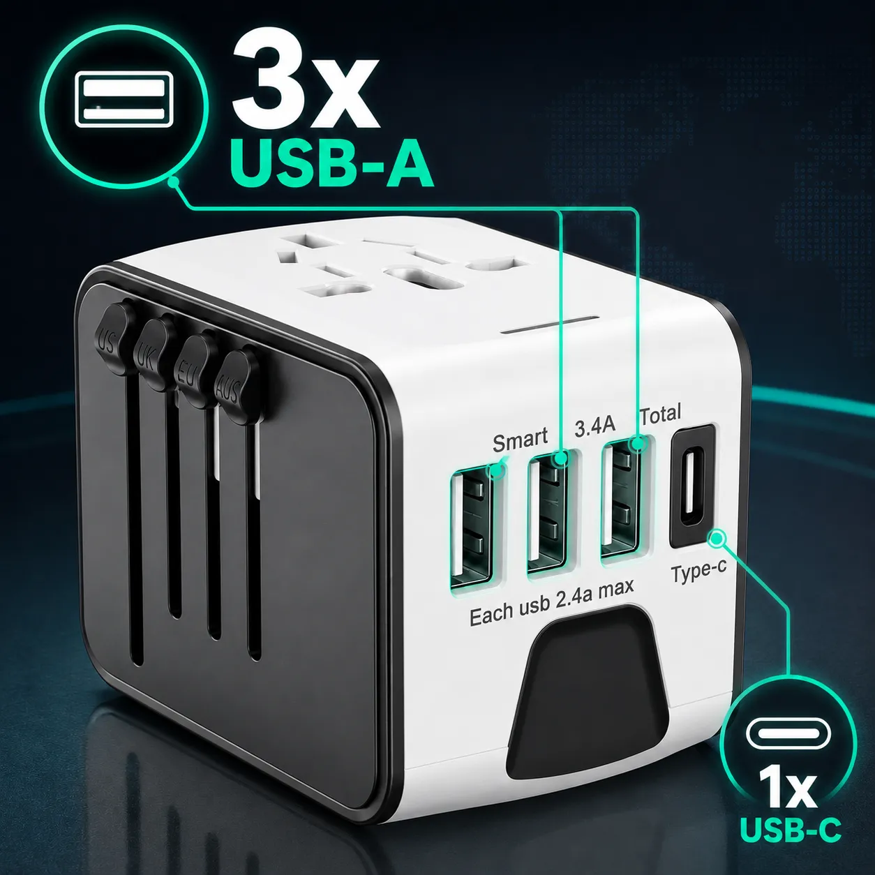Timebox adaptor universal calatorie alb 3 USB Type-C