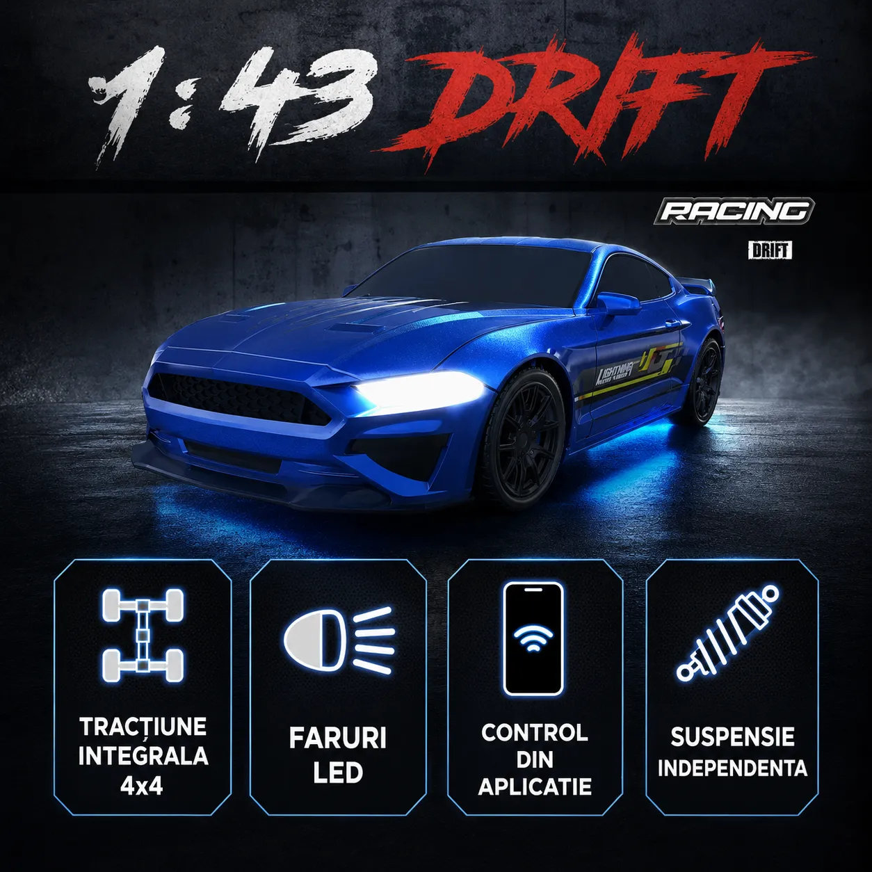 Masina RC drift Timebox 1:43 4WD albastra lumini