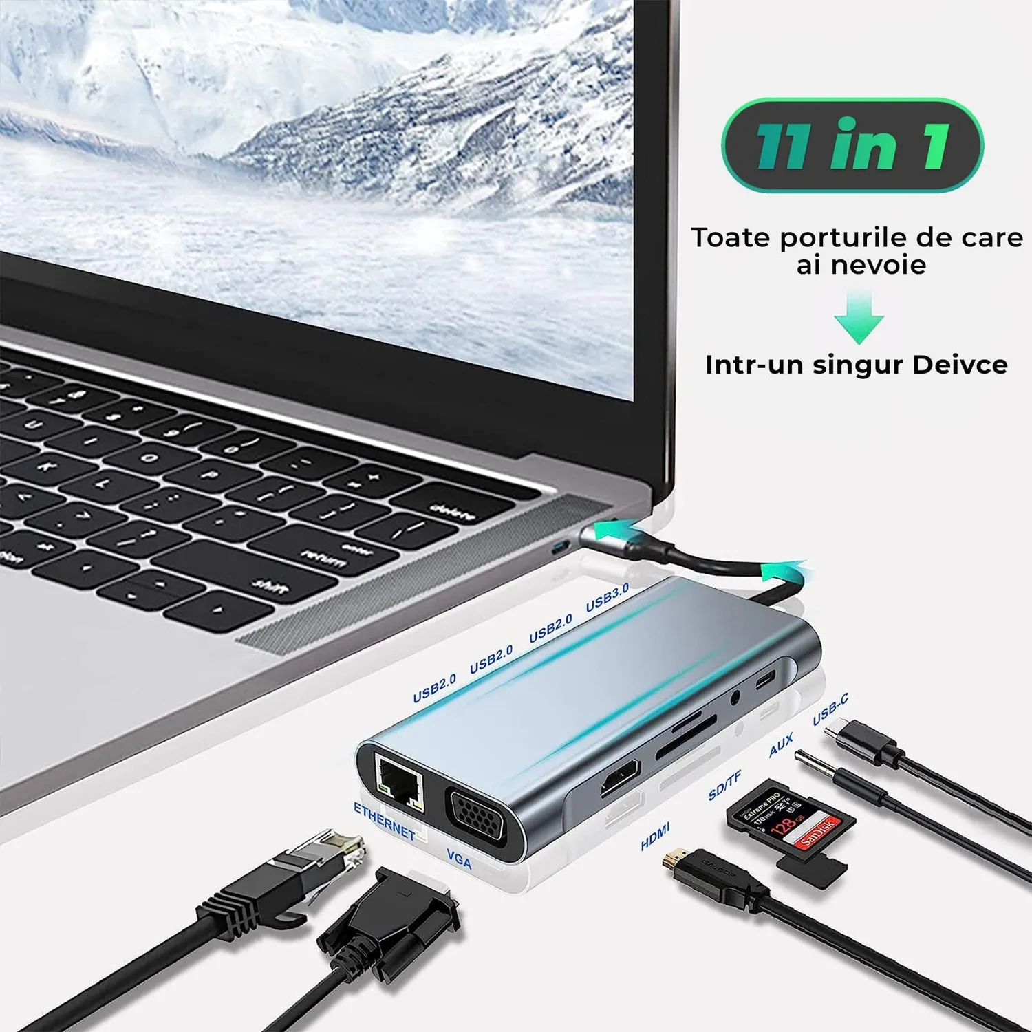Timebox hub USB 11 in 1 Type-C gri HDMI VGA card reader