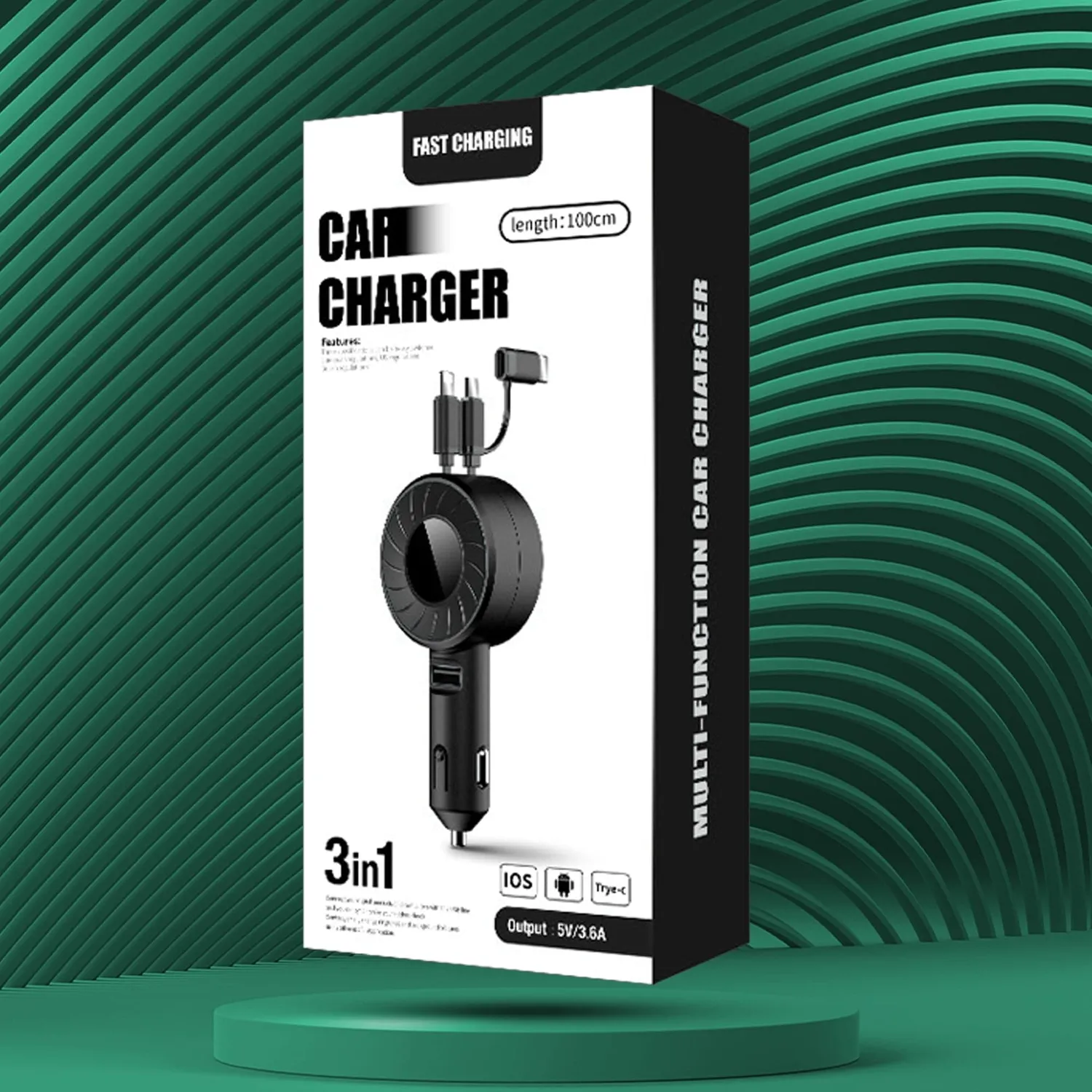 Timebox Super Fast Charge 3 în 1 încărcător auto negru rapid