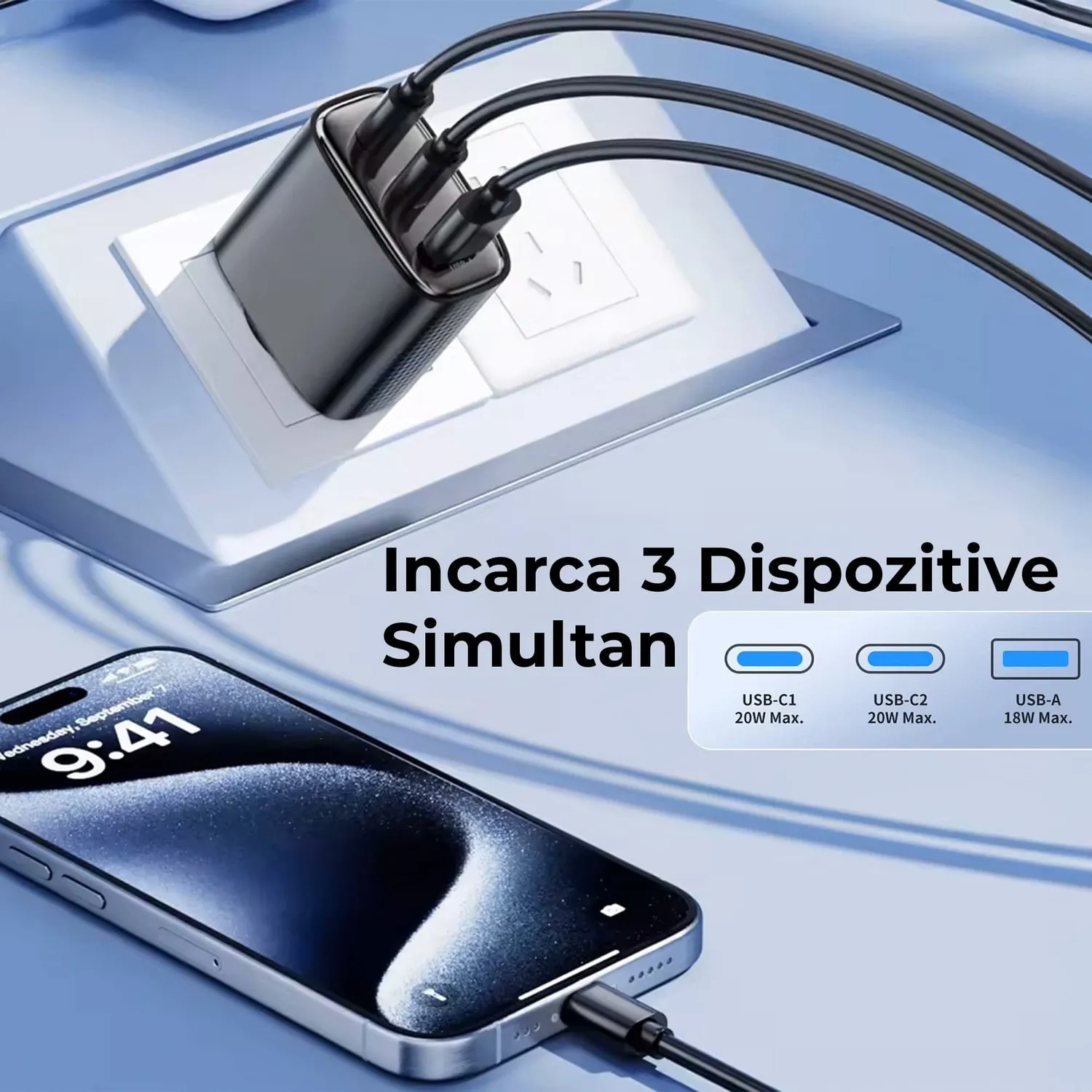 Timebox 40W Încărcător rețea 3 porturi alb/auriu fast charge