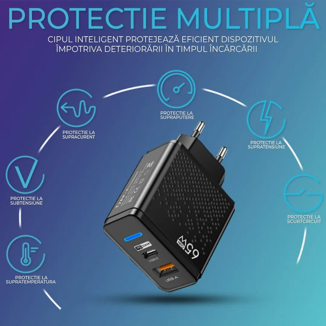 Timebox 65W incarcator retea 2 porturi LED negru