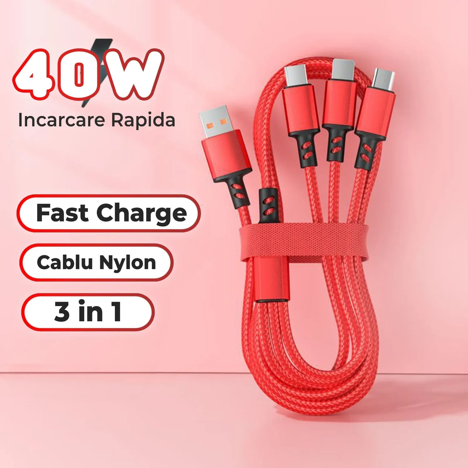 Timebox cablu 3 în 1 40W 1,2m roșu încărcare rapidă