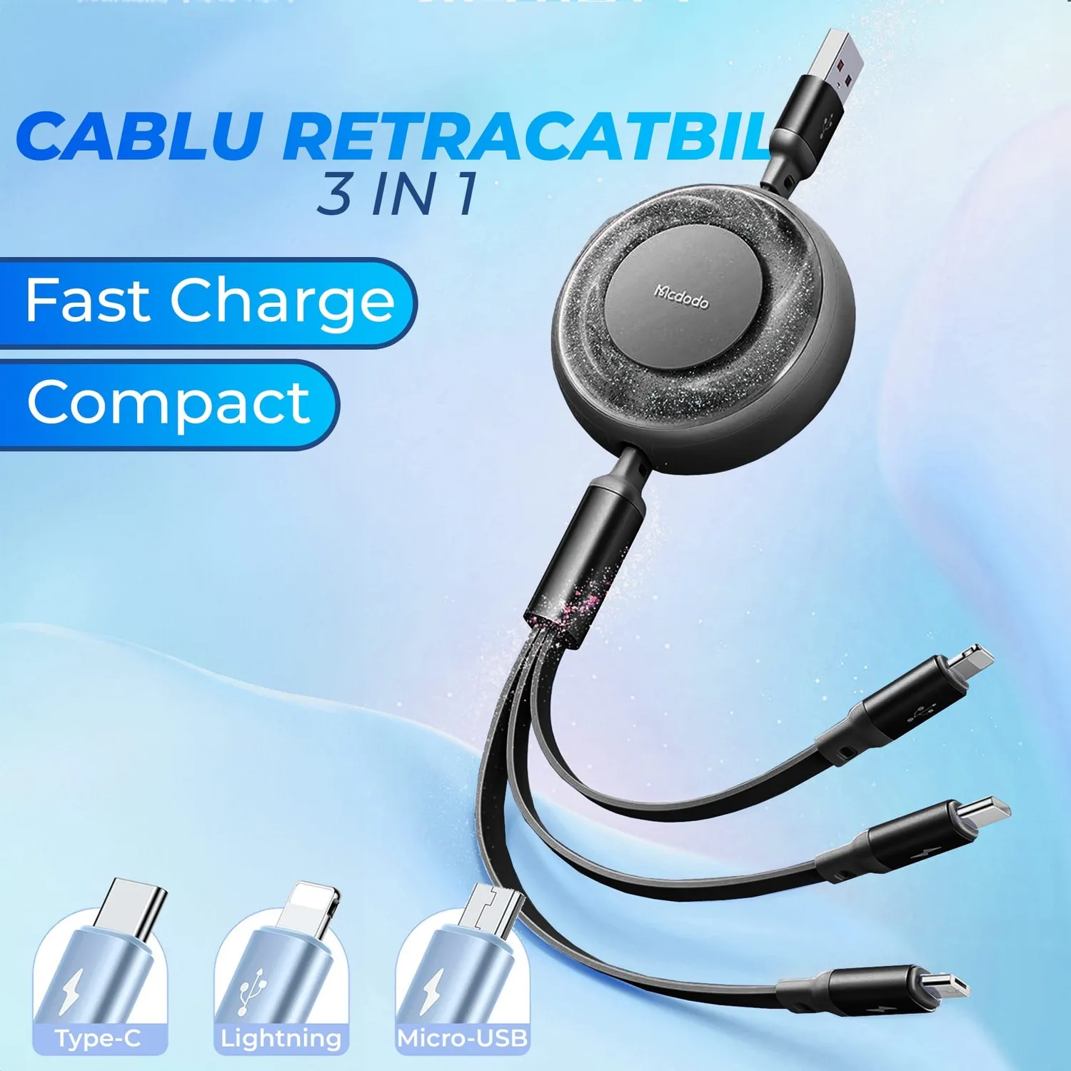 Timebox 3 in 1 1,2m cablu retractabil negru fast charge