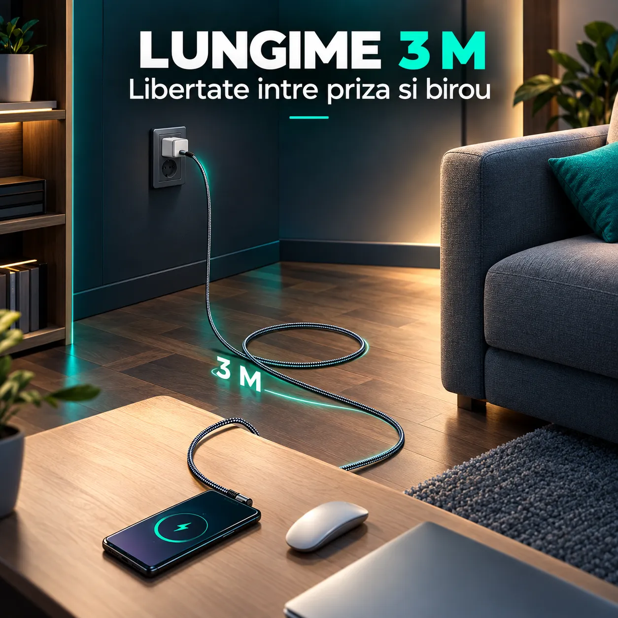 Timebox Cablu USB-C la Type-C 60W 3m Negru 90° Nylon