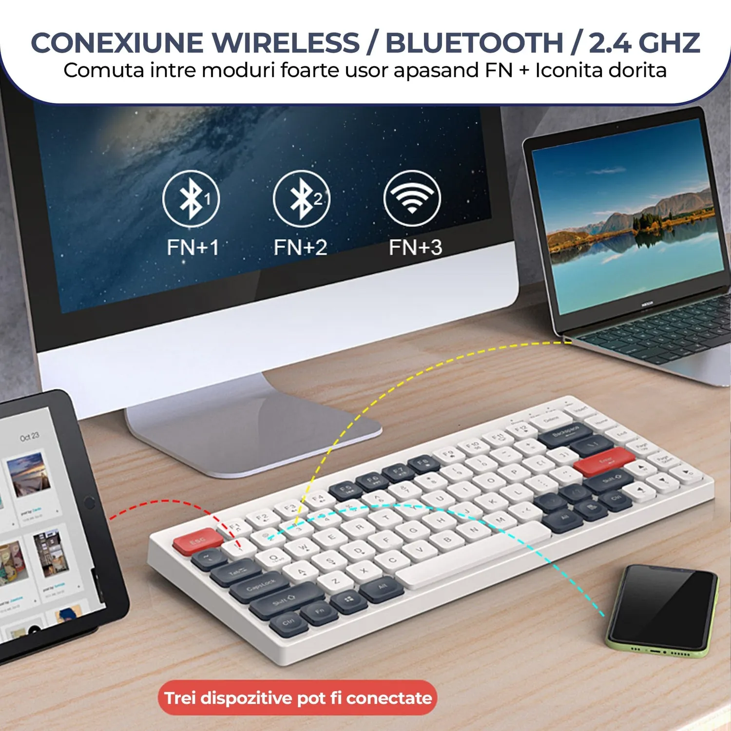 Timebox Tastatură slim wireless alb albastru low-profile