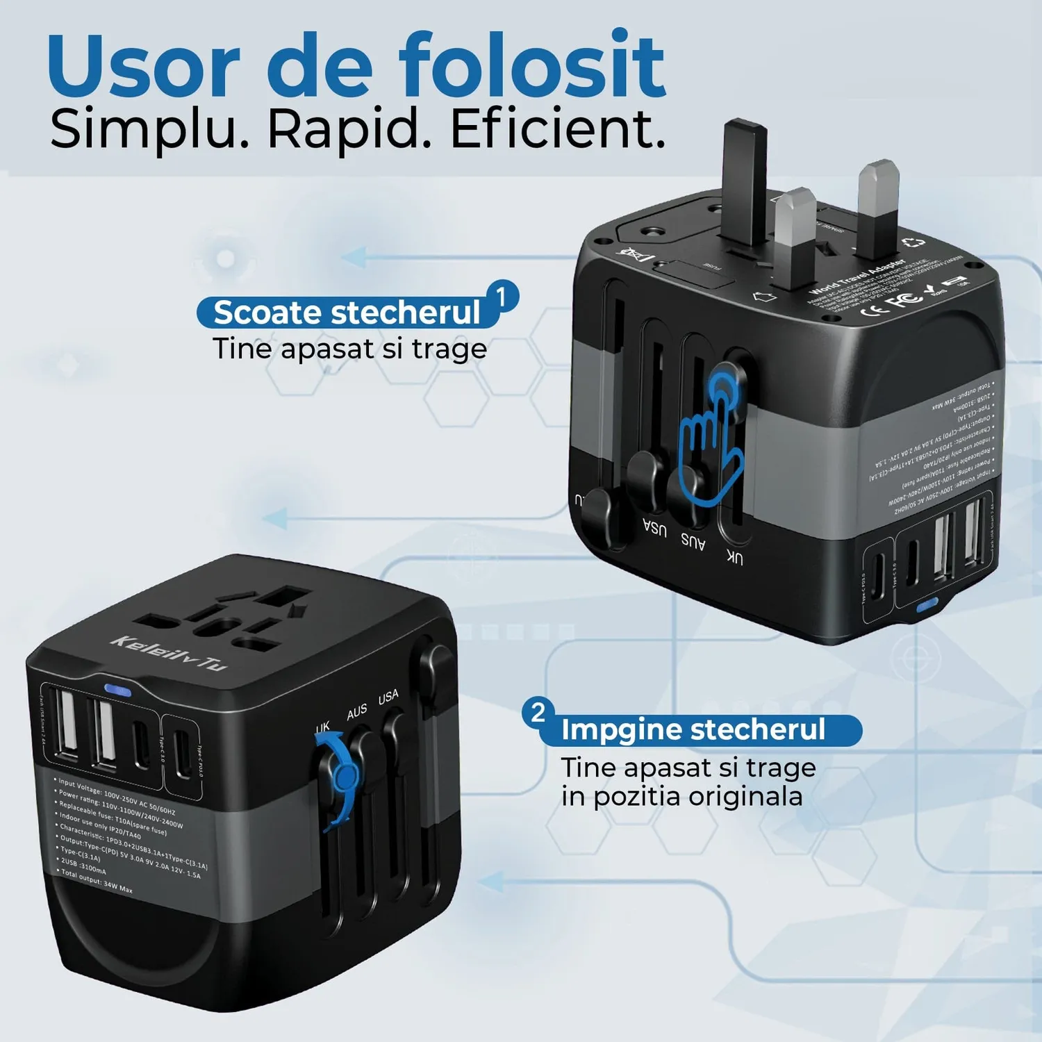Timebox Adaptor Priza Calatorie 2xUSB 2xType-C Negru