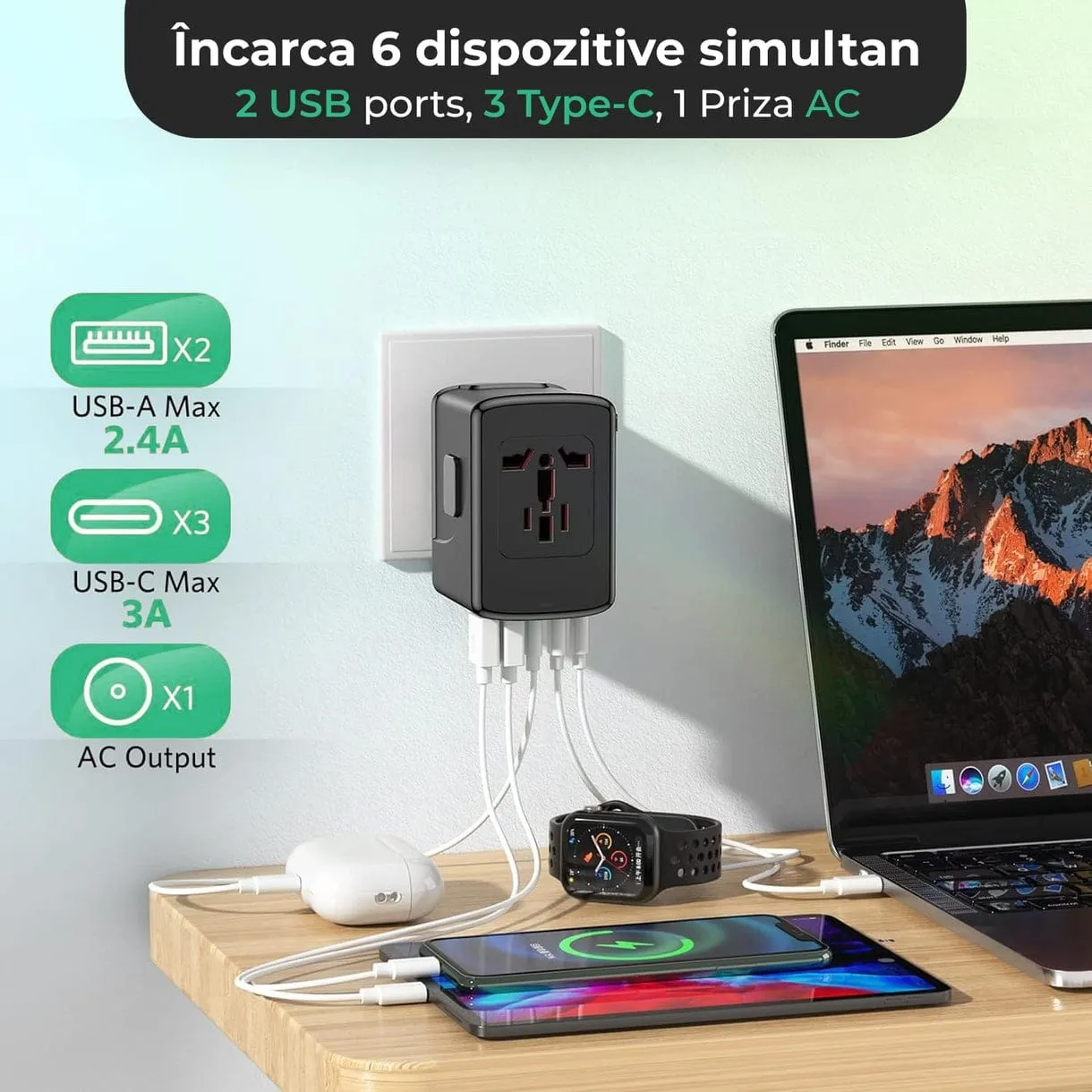 Timebox pachet travel adaptor universal + cablu 66W
