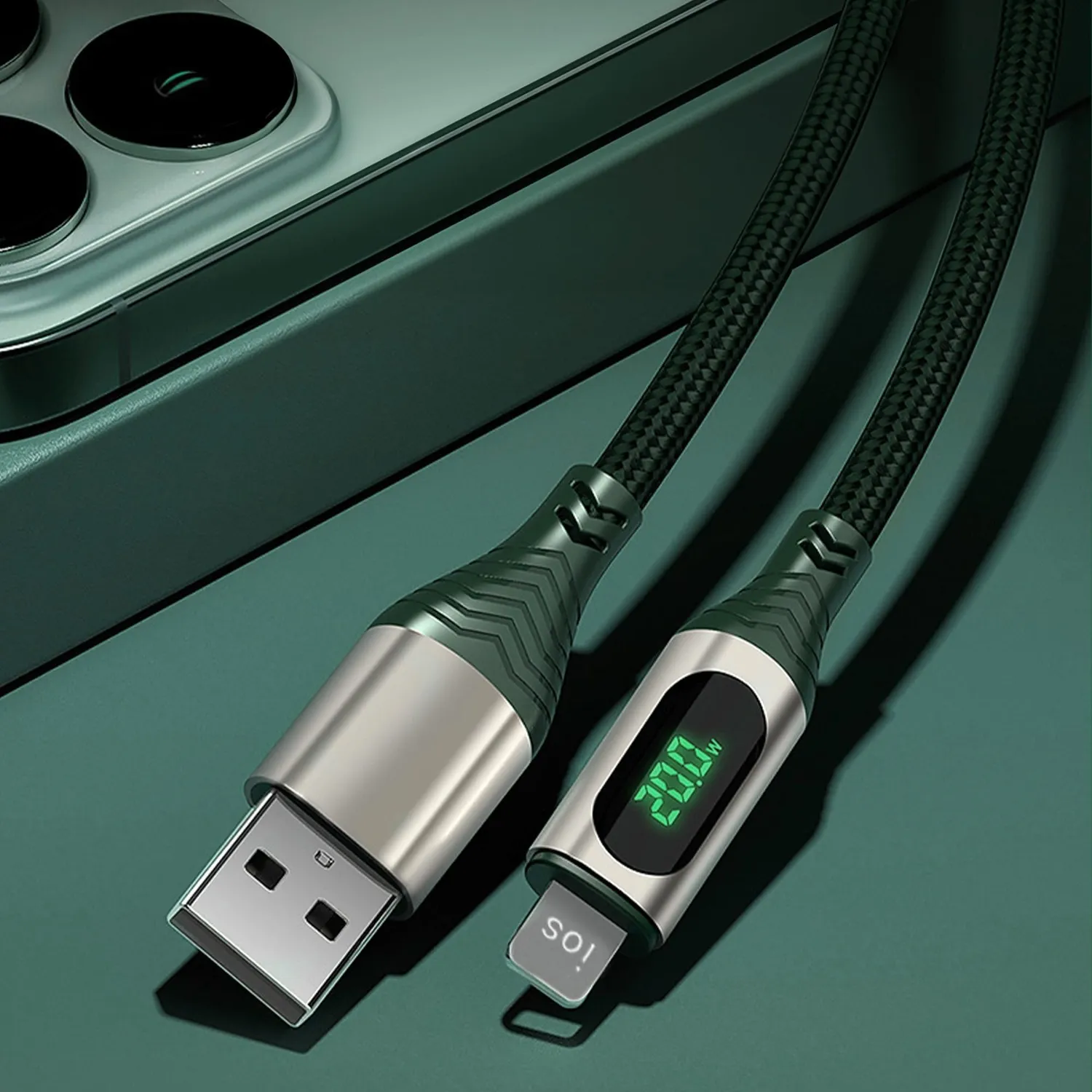 Timebox QC 3.0 cablu Lightning 1m verde afisaj LED