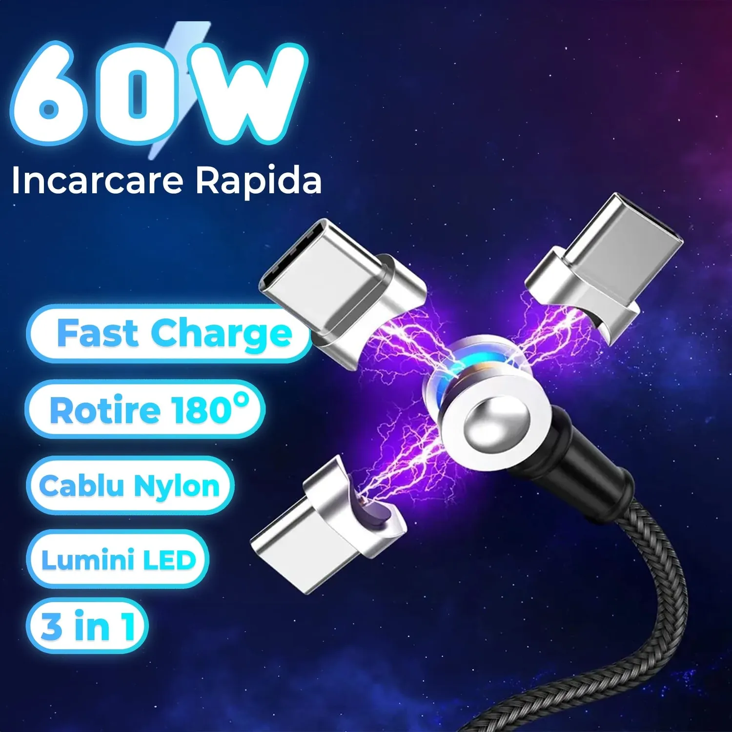 Timebox 3 în 1 cablu încărcare magnetic 60W 1m