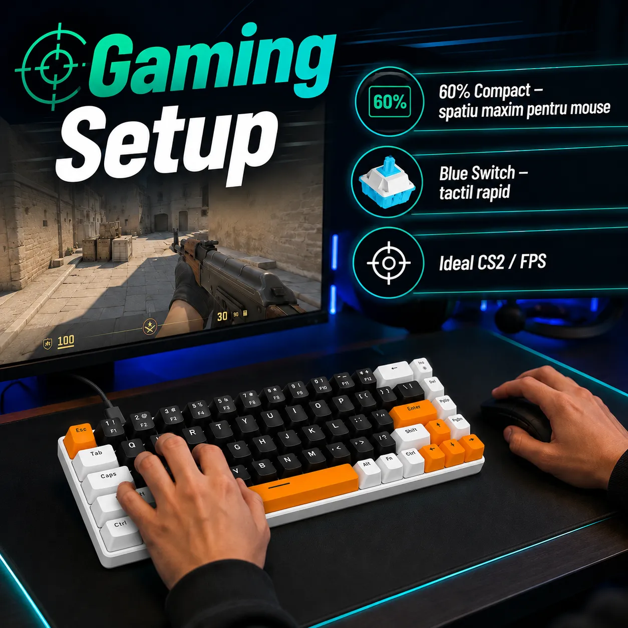 Timebox Tastatura mecanica gaming 60% Blue Switch portocalie