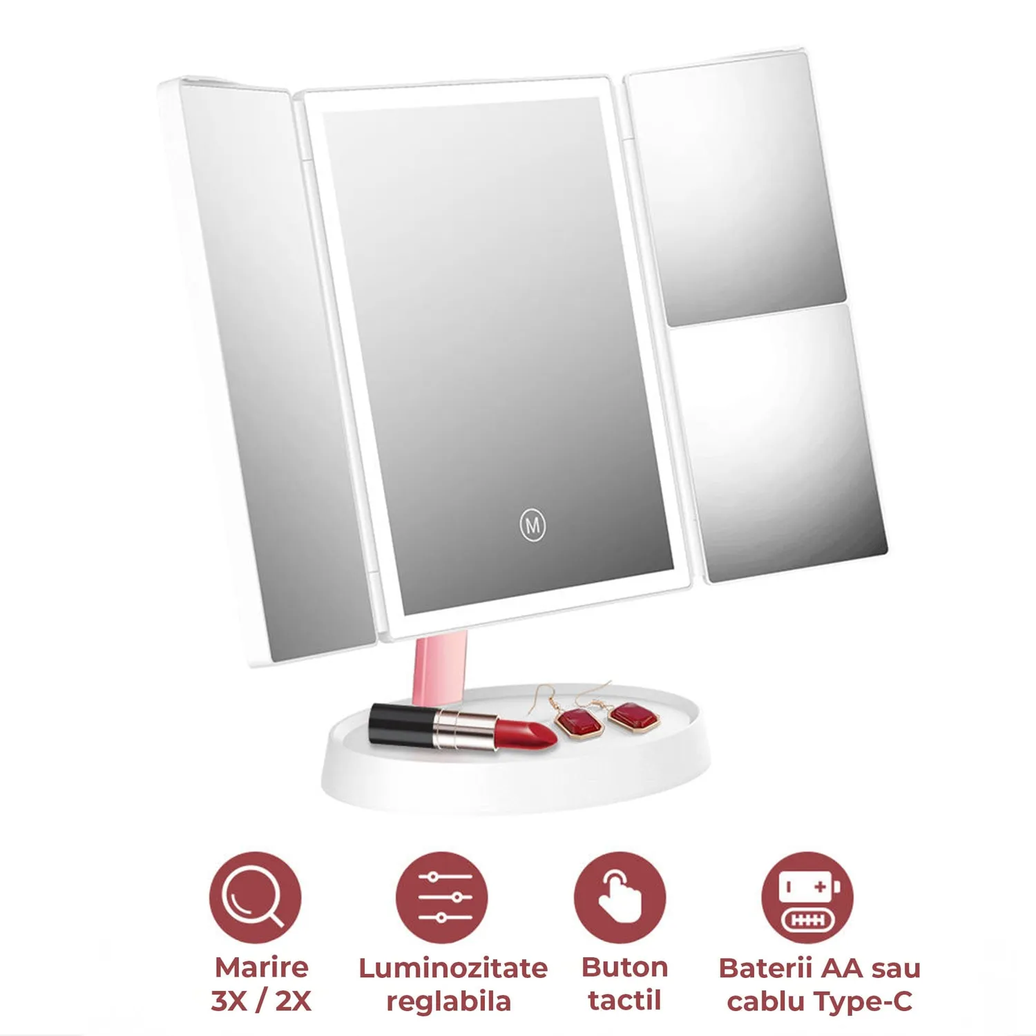 Timebox Trifold oglinda cosmetica LED pliabila 1X/2X/3X