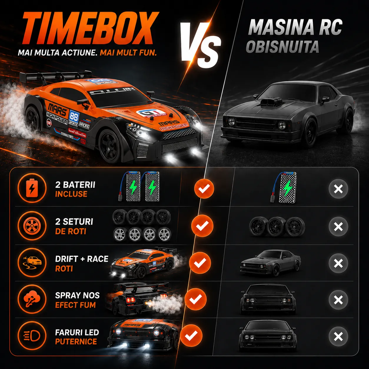 Timebox masina RC drift 1:16 20 km/h portocaliu 2 baterii