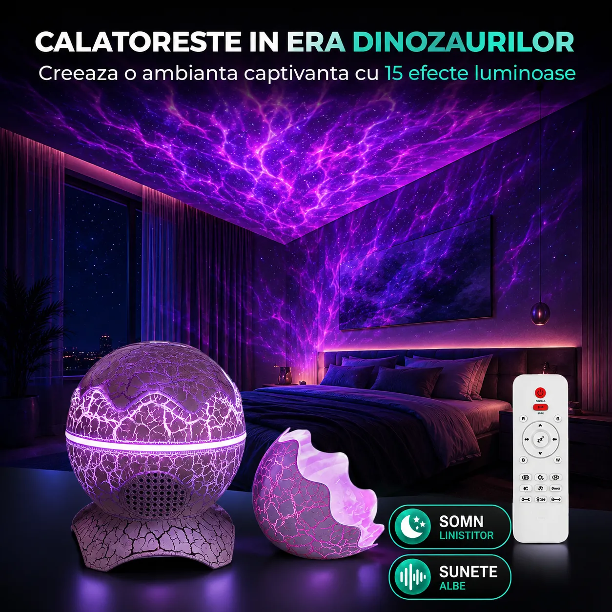 Timebox Proiector Galaxie Lampa Noapte Sunete Albe Alb