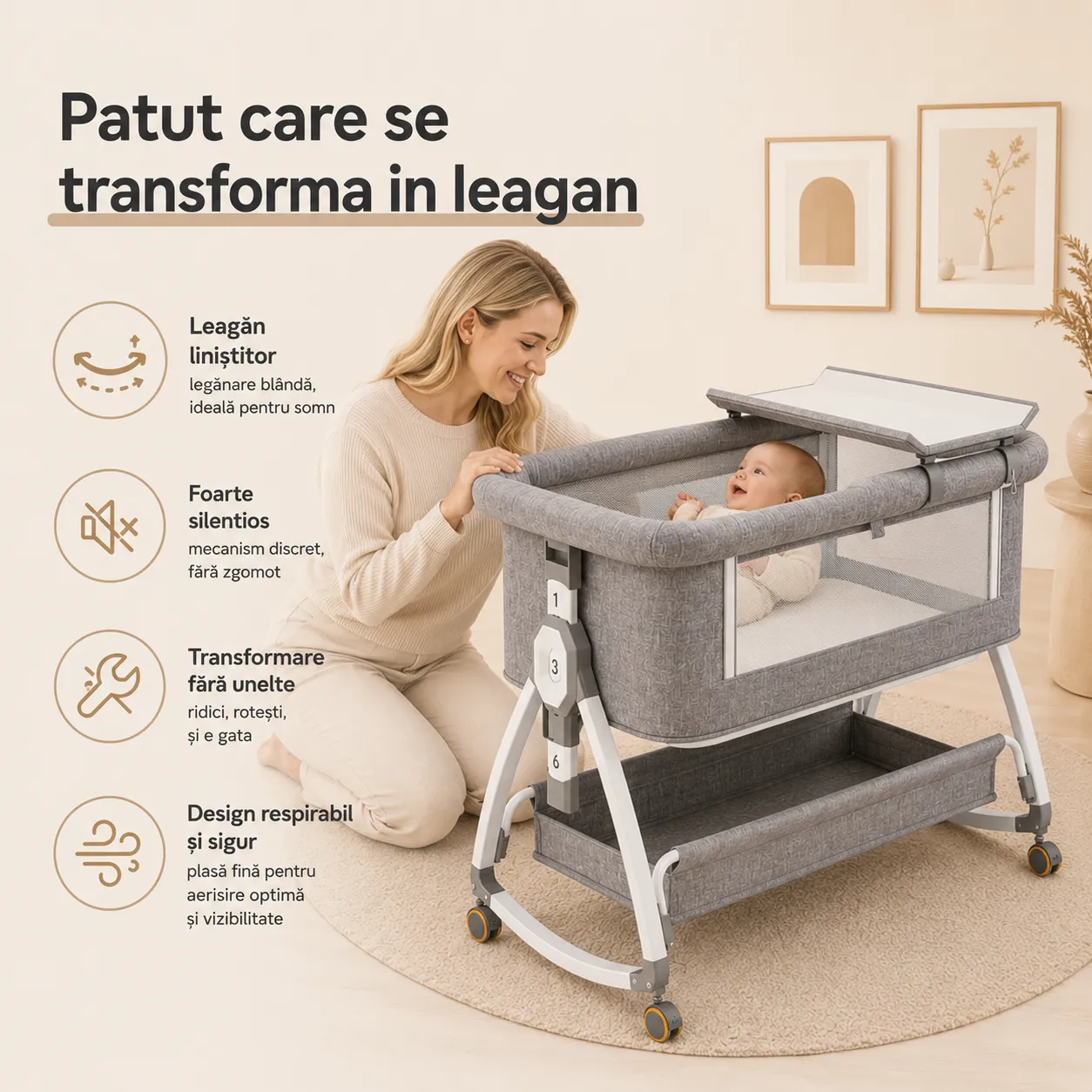 Timebox patut portabil bebelusi co-sleeper gri reglabil
