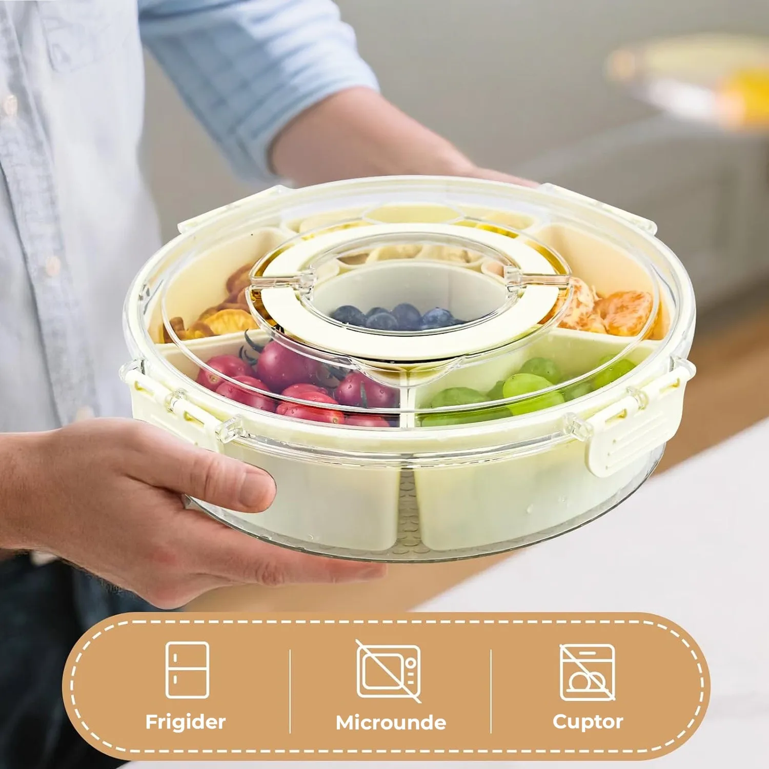Timebox Cutie Alimentară Rotundă 6 Compartimente Bej