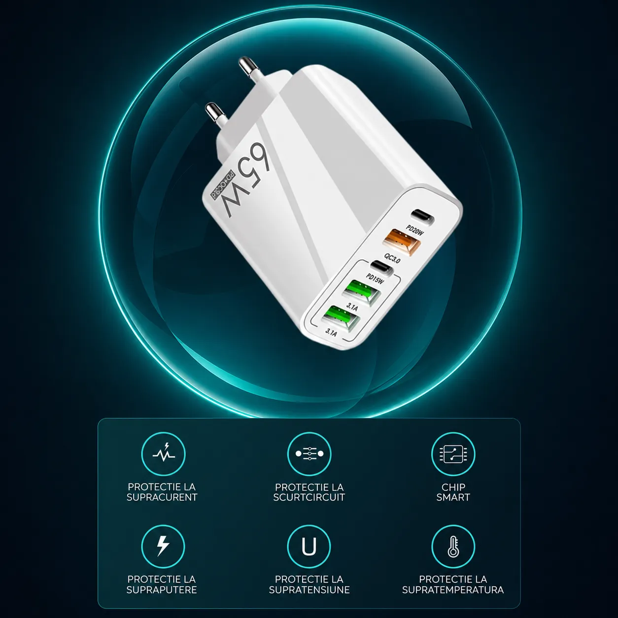 Statie Timebox incarcare 65W 5 porturi alb Lightning