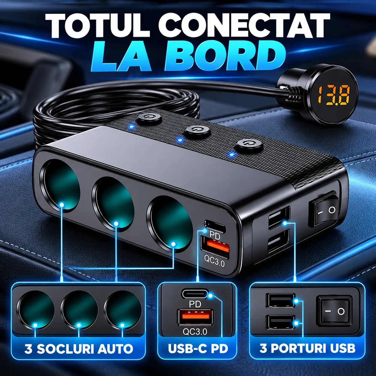 Timebox Adaptor Priza Auto 7 in 1 128W Negru