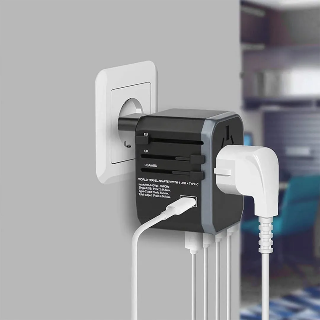 Timebox adaptor priza calatorie universal 4 USB Type-C gri