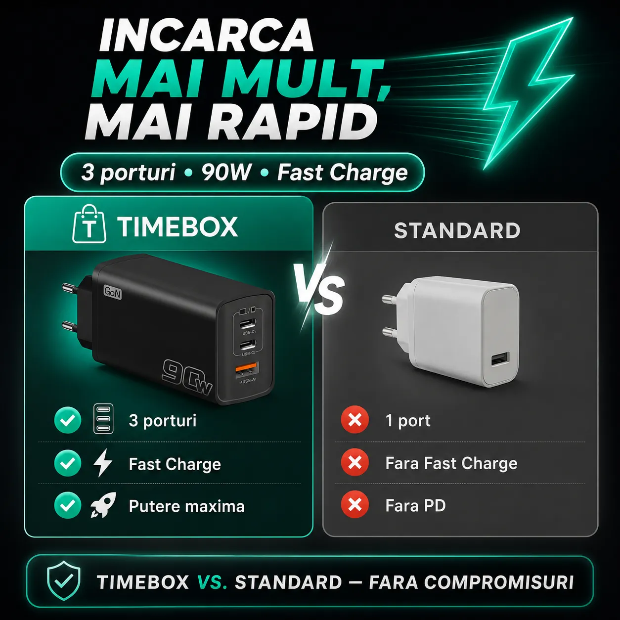 Incarcator retea Timebox 90W 3 porturi GaN fast charge