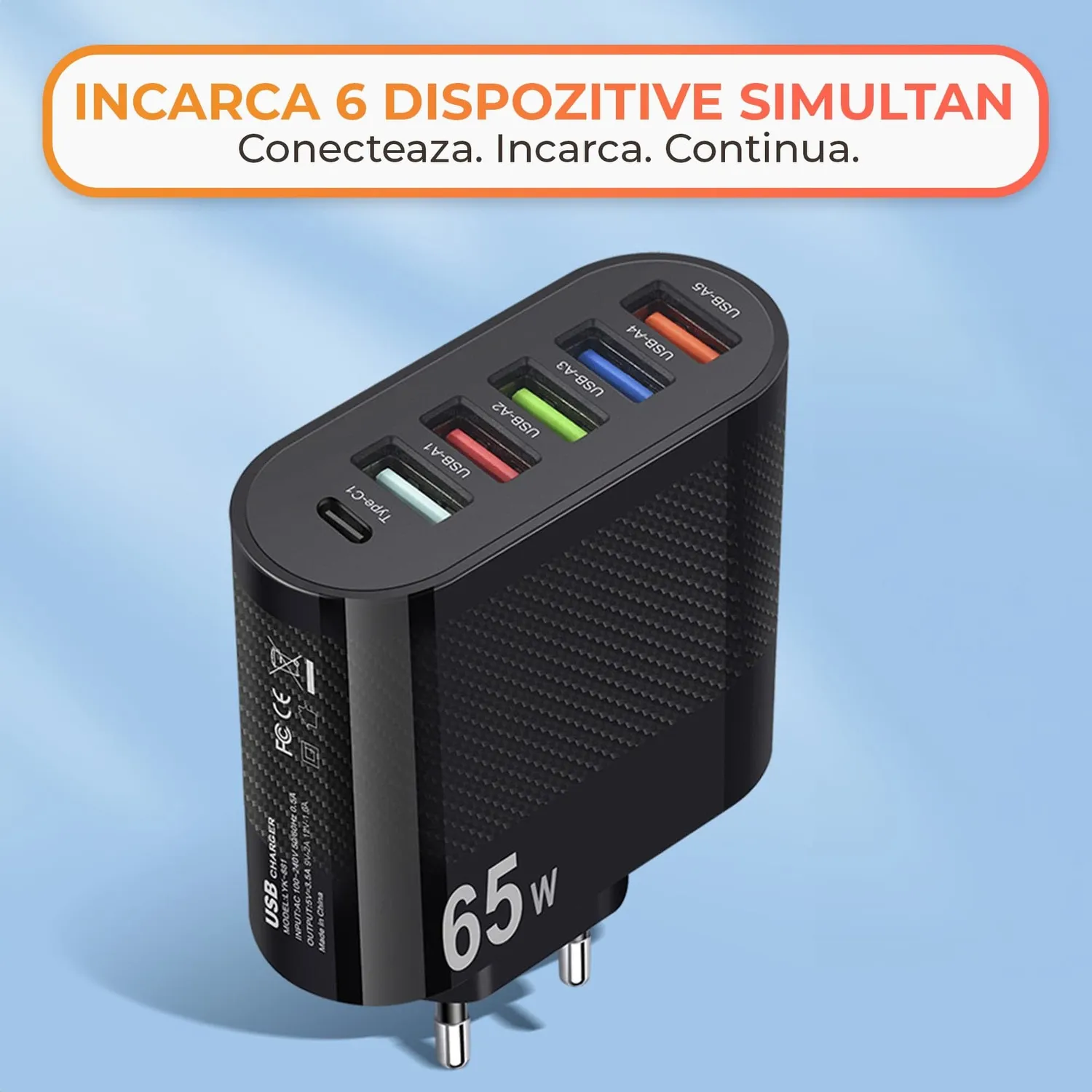 Încărcător rețea Timebox 65W 6 porturi Type-C USB negru rapid