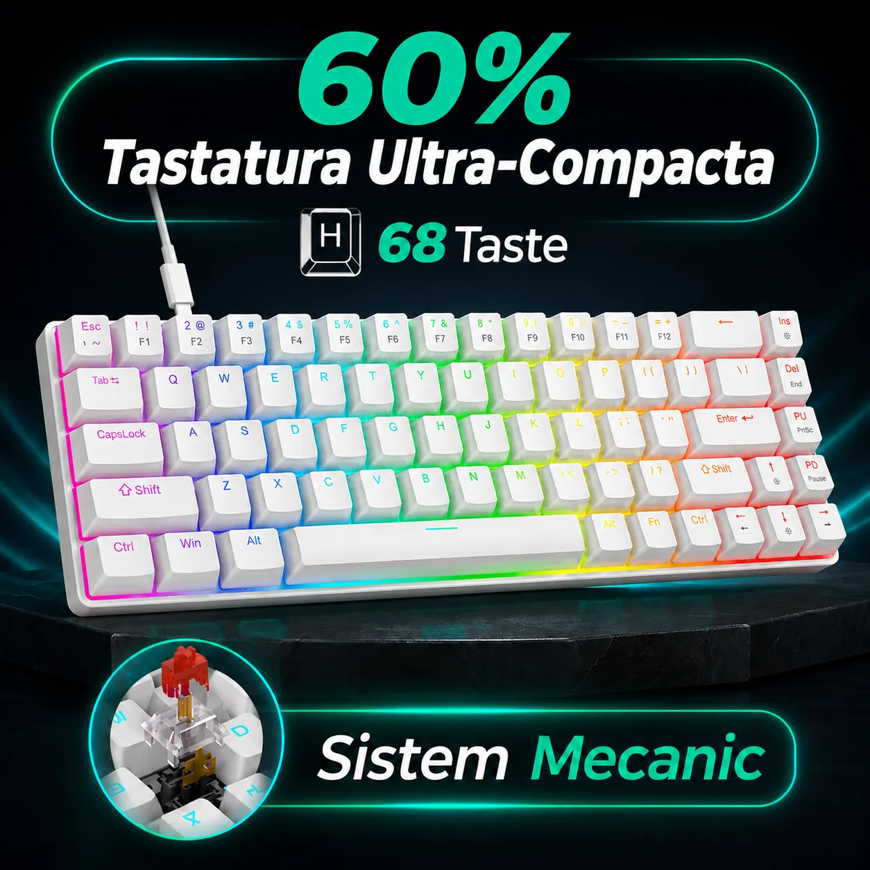Timebox 60% tastatură gaming Red Switch RGB albă